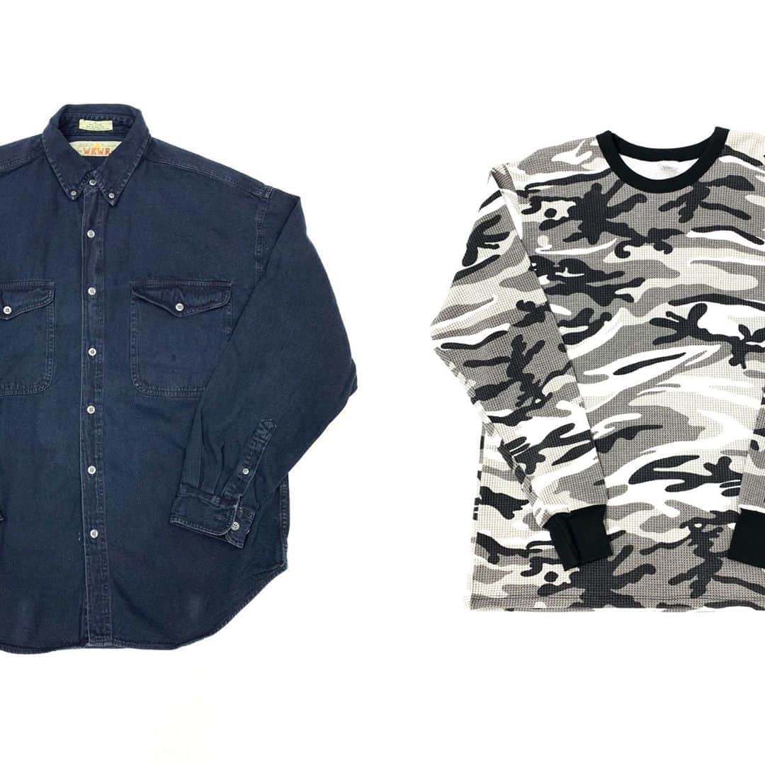 のインスタグラム：「ANCHOR BLUE WKWR ダンガリーシャツ　¥4500+tax . フードネルや、バギーショーツなどでよく見かけるアメリカのカジュアルブランドANCHOR BLUE。 黒と濃紺の間のような色味に、広めの身幅で良いシルエットです。 . city camo サーマル ¥3500+tax .  モノトーンカラーの迷彩サーマル。 インナーにはもちろん、Tシャツとのレイヤードにもオススメです！ .  WEB SHOPに入荷しております。 是非ご覧ください。 jammru.com  #お問い合わせはお電話で承ります #jammru #osaka  #fashion  #streetstyle  #streetfashion  #vtg  #vintage  #used  #usedclothing  #古着 #古着屋 #ファッション #70s #80s #90s #ご来店の際はマスクの着用をお願い致します」