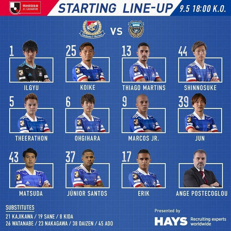 横浜F・マリノスさんのインスタグラム写真 - (横浜F・マリノスInstagram)「Yokohama F.Marinos Team News vs Kawasaki Frontale! 本日のJ1リーグ第14節・川崎フロンターレ戦のメンバーが発表されました！  #fmarinos #Jリーグ #スタメン #startingXI #jleague #HAYS」9月5日 15時49分 - yokohamaf.marinos