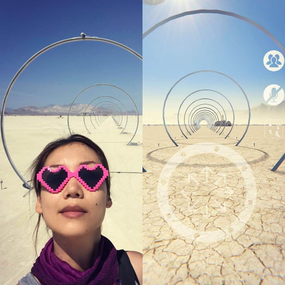 DJ Yummyのインスタグラム：「👈#burningman2018 👉#burningman2020 #multiverce infinite playaのゲートオープンに続き、ダスティマルチバースも大型アップデート来ましたね。細かなキャンプにも遊びに行けて凄いよ〜4ヶ月で作ってしまうなんてちょっと信じられない完成度！」