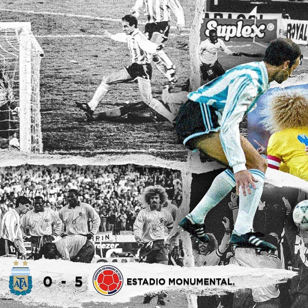 サッカー コロンビア代表チームのインスタグラム：「¡Hace 2️⃣7️⃣ años hicimos historia!  Hoy recordamos el 5 de septiembre de 1993. Ese día la tricolor nos inundó de alegría al derrotar a un gigante en su casa.  🇦🇷 0️⃣-5️⃣ 🇨🇴  ⚽ @freddyrinconoficial (x2), @eltinoasprilla (x2) y Adolfo Valencia  🔥」
