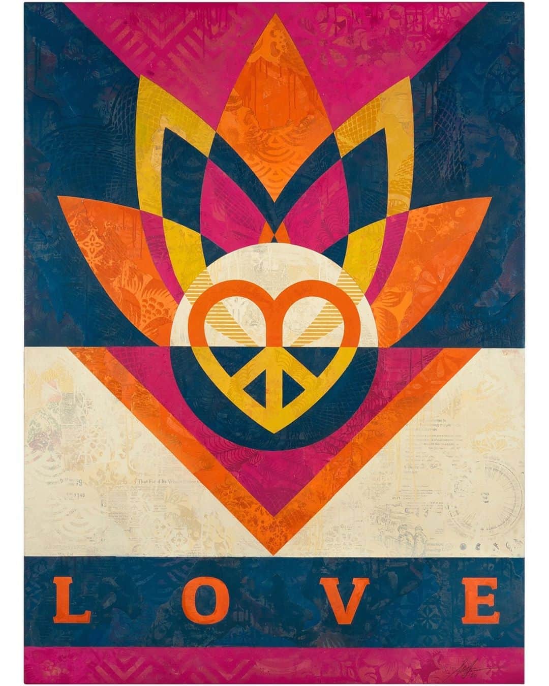 Shepard Faireyのインスタグラム：「I created this “Love Lotus” art for @racetoerasems, and it is meant to give hope that soon there will be a cure for multiple sclerosis. My wife, Amanda, is one of millions of people struggling with complications of MS. The disease can be managed, but there is no cure. My fine art canvas of “Love Lotus” is now up for auction through the link in my bio, and proceeds will support their efforts to strategically fund MS researchers who show promise. Thanks for caring! -Shepard」