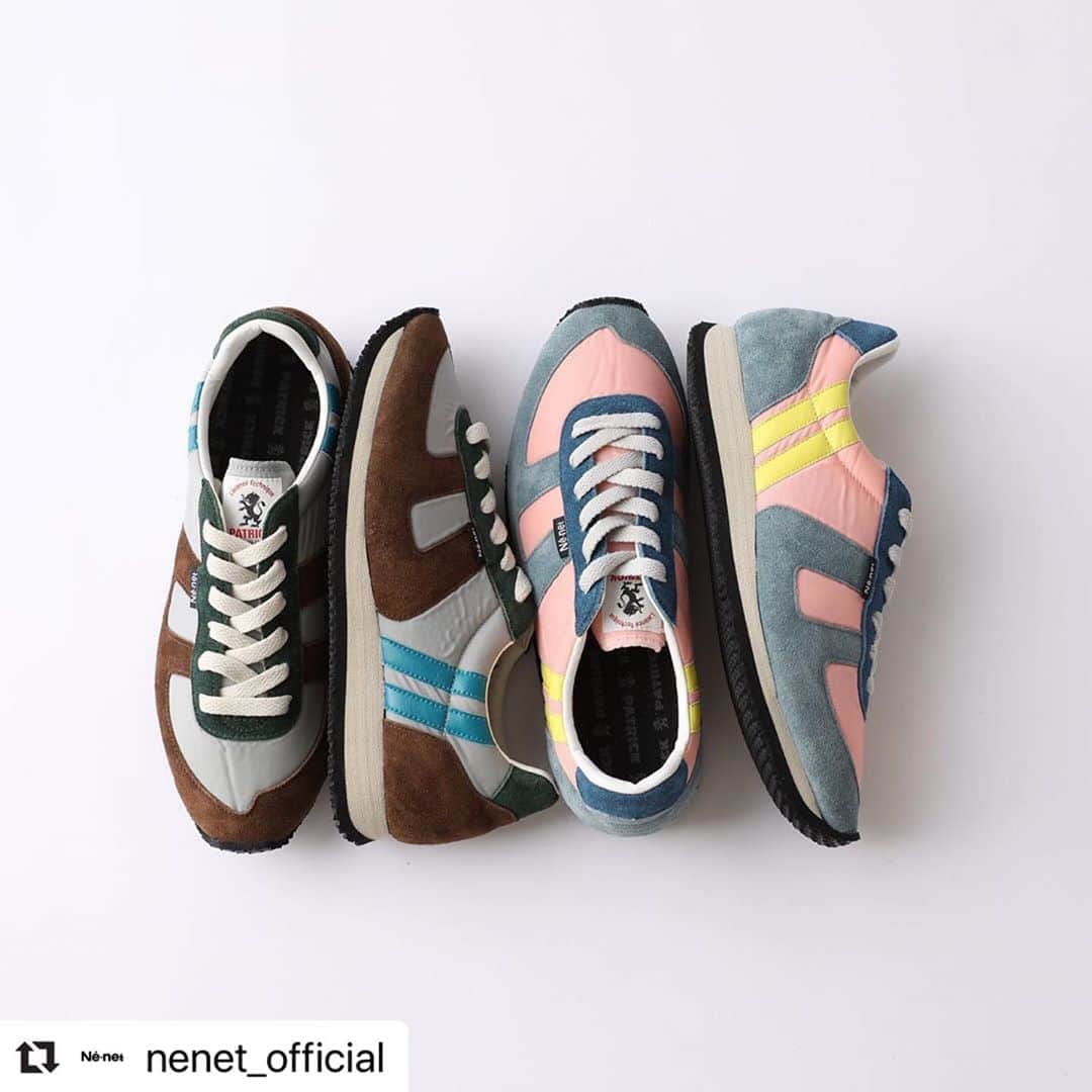 パトリックラボのインスタグラム：「@nenet_official  フランス発祥のシューズブランド「PATRICK」よりネ・ネットの別注カラーアイテムが、9月9日(水)〜全国のネ・ネット SHOP、HUMOR SHOP、公式オンラインショップ HUMORにて発売いたします。﻿ ﻿ 1980年代のランニングシューズをイメージした、レトロなスニーカー「CALIFORNIE(カリフォルニー)をベースに、ネ・ネットならではの配色に仕上げました。﻿ 足にぴったりとフィットする優しい履き心地が特徴で、当時使用していたライオンマークをモチーフにしたネームもポイント。﻿ ライトピンクにレモンイエローの2本のラインのチアフルなマルチカラーと、ライトグレーにブルーグリーンの2本ラインがシックなマルチカラーの2色展開。男女問わず楽しめるアイテムです。﻿ 店頭にてご予約を承っておりますので、お気軽にご連絡ください。﻿ ﻿ ■NE × PATRICK CALIFORNIE﻿ price: ¥18,700(tax included)﻿ color: light pink , light blue﻿ size: 36(23.0),38(24.0),40(25.0),42(26.5),44(27.5)inch(cm)﻿ ﻿ @patrick_jpn﻿ ﻿ #ネネット #nenet #新作 #new #autumn  #winter #2020 #collection  #fashion #tokyo #japan #patrick #patrickshoes #パトリック #パトリックスニーカー #コラボ」
