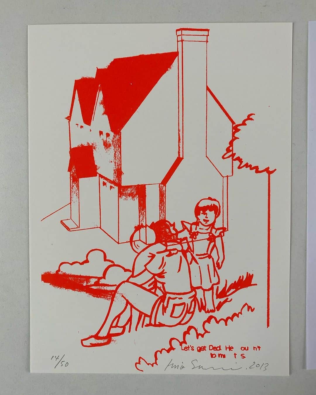 Hiro Sugiyama enlightenmentのインスタグラム：「クラウドファンディングのリターンに小型のシルクスクリーン版画を追加しました。この絵は2004年にギンザグラフックギャラリーで開催された。伊藤桂司さん、谷口広樹さん、ヒロ杉山の3人展に出展した100号のペインティング作品の絵を、後に版画にしたものです。この絵は僕の作品の中でも、多分ベスト10に入るくらい気に入っている絵なので、何回か版画にしました。」
