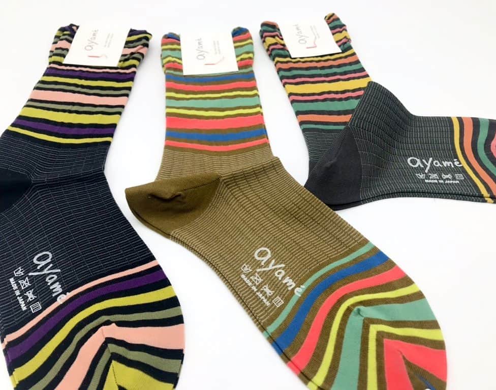 アヤメのインスタグラム：「Over the stripes... Now available online store🎨 #worldwideshipping📦✈️ #ayamesocks #ayamecolorpalette #stripysocks #socksoftheday #fashionstyle #everydaysocks #autumnfashion #colorfulsocks #textiledesign #くつした #ボーダー柄 #柄ソックス」