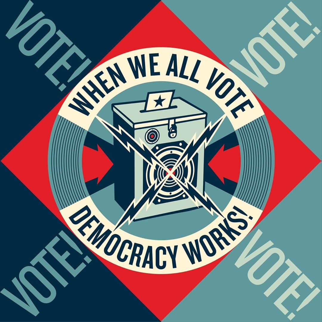 Shepard Faireyさんのインスタグラム写真 - (Shepard FaireyInstagram)「I’m proud to work with @goldmanglobalarts and @whenweallvote to amplify the message of voting! Starting today, October 5th, When We All Vote will be placing 13 digital murals across the nation, which will include this art that I created.⁠ ⁠ This project means a lot to me because I believe in democracy and I believe that when you vote, you speak your mind. It is extremely important to vote because democracy only works when we participate. In fact, democracy itself may be at stake while someone who wants to suppress voting and believes he is above the law remains in office. The vote ballot box in this piece is a visual call to action that your vote counts. It’s there at the ballot box so when we all vote, democracy really does work!⁠ -Shepard」10月6日 1時45分 - obeygiant