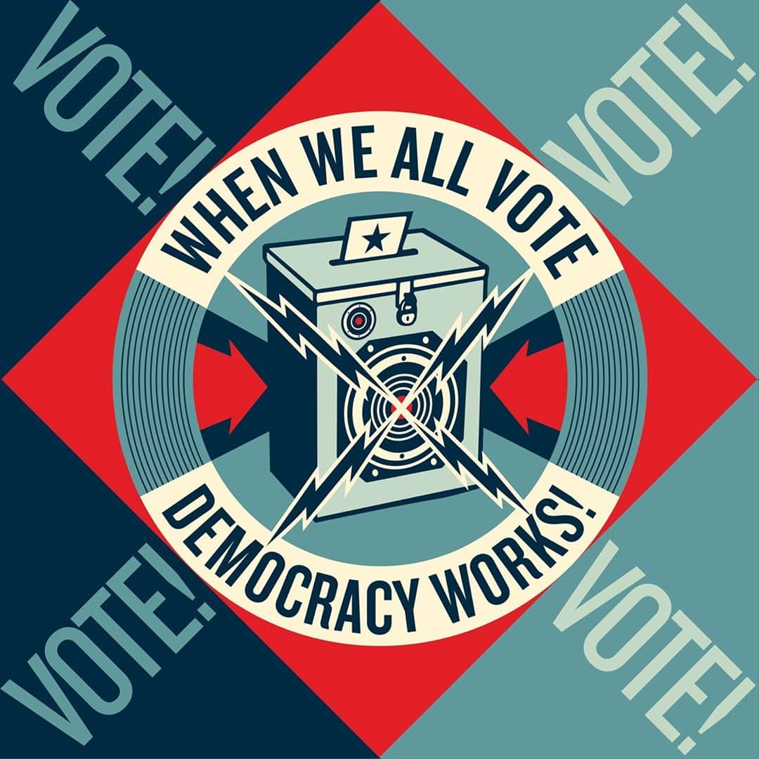 Shepard Faireyのインスタグラム：「I’m proud to work with @goldmanglobalarts and @whenweallvote to amplify the message of voting! Starting today, October 5th, When We All Vote will be placing 13 digital murals across the nation, which will include this art that I created.⁠ ⁠ This project means a lot to me because I believe in democracy and I believe that when you vote, you speak your mind. It is extremely important to vote because democracy only works when we participate. In fact, democracy itself may be at stake while someone who wants to suppress voting and believes he is above the law remains in office. The vote ballot box in this piece is a visual call to action that your vote counts. It’s there at the ballot box so when we all vote, democracy really does work!⁠ -Shepard」