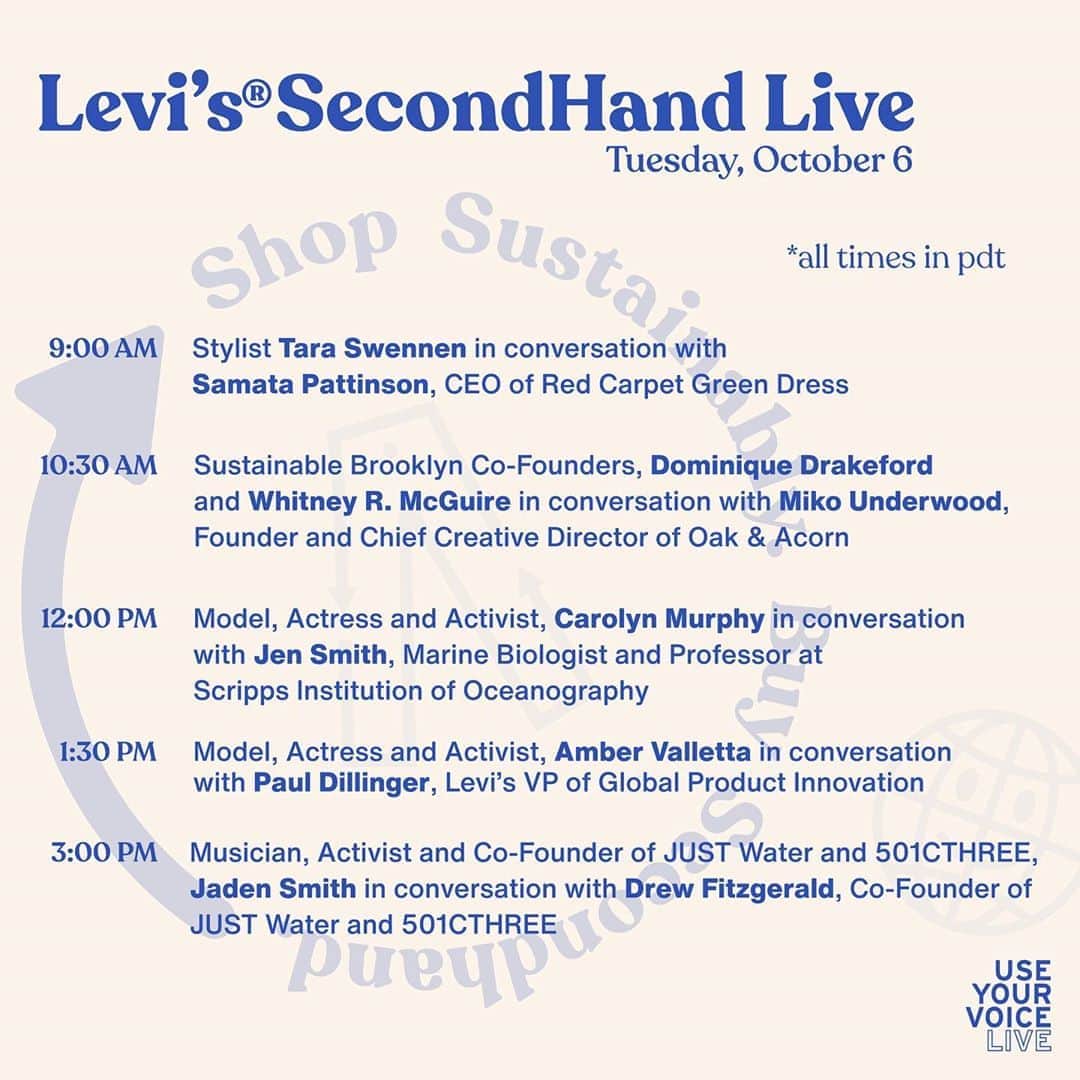 Levi’sさんのインスタグラム写真 - (Levi’sInstagram)「Join us tomorrow, October 6th, at 9 AM PDT, as we celebrate the launch of Levi's SecondHand Line and share our platform with activists, leaders and educators for a series of live conversations around sustainable fashion, a circular supply chain, the importance of protecting our oceans and marine life, and what we can do as individuals to make a difference. It's time to take responsibility for the lifecycle of our clothes. #LevisSecondHand」10月6日 2時07分 - levis