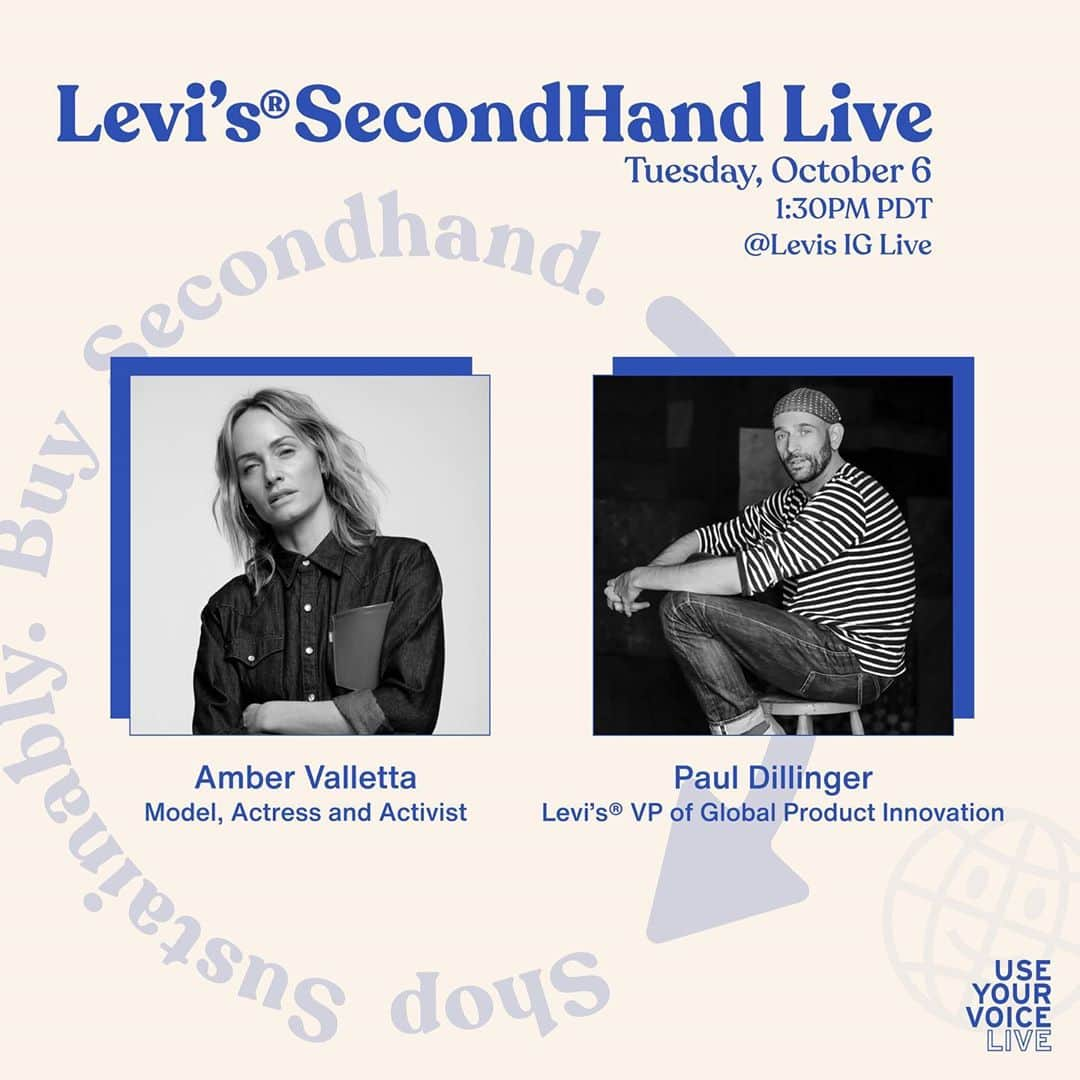 アンバー・ヴァレッタのインスタグラム：「💙Tomorrow I will be live with Levi’s VP of Global Product Innovation, Paul Dillinger @padillinger Tune in tomorrow, October 6th at 1:30 PM PDT to hear us talk about a circular supply chain and why it’s important to keep products in use longer and to design with circularity in mind. Hear our love story with 💙 #LevisSecondHand  swipe to get your sustainable secondhand facts⚡️」