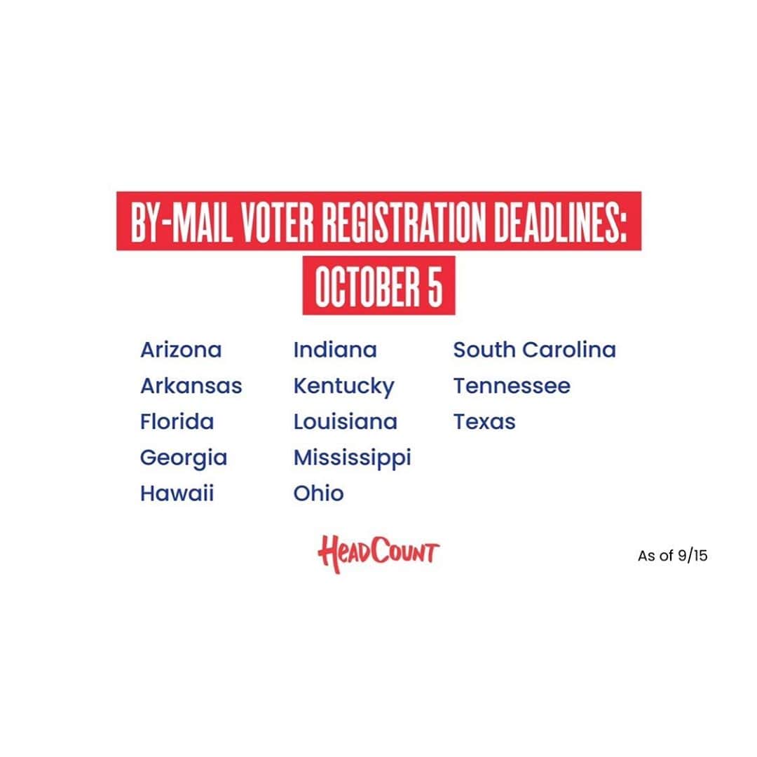 ジェイソン・ムラーズのインスタグラム：「13 states have voter registration deadlines today 10/5. Are you registered and ready to vote? Visit HeadCount.org.」