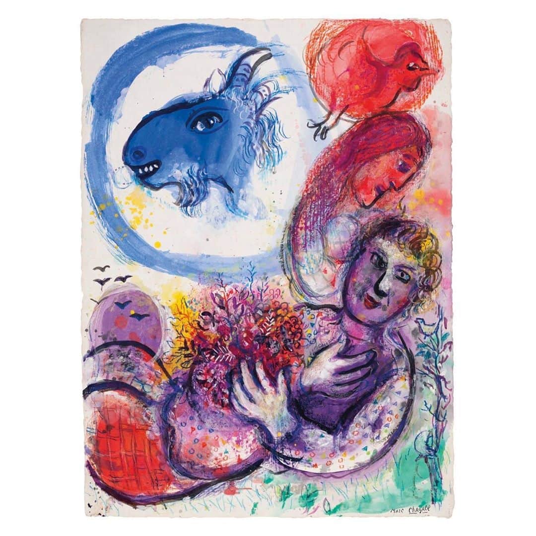 クリスティーズさんのインスタグラム写真 - (クリスティーズInstagram)「Brimming with vibrant and exuberant color, Marc Chagall's 'La chèvre bleue' depicts a joyful, pastoral scene that captures the influence of the lush countryside of the Côte d'Azur on his oeuvre.⠀ .⠀ The iconic motifs of the blue goat and red rooster harken back to Chagall's childhood in rural Vitebsk, Russia and heighten the idyllic, dream-like quality of this amorous encounter in the foreground. The strong reds and purples lend the painting a distinctively romantic air that alludes to Chagall's belief in the sanctity of romantic love as the most divine human pursuit.⠀ .⠀ The sweeping, gestural technique and swathes of saturated watercolor adds a luminosity akin to stained-glass, further enhancing the spiritually charged nature of Chagall's concept of love.⠀ .⠀ 'La chèvre bleue' comes from the estate of Donald E. Simon, the son of Norton Simon, a billionaire industrialist, philanthropist and art collector who gifted his collection to the Norton Simon Museum in Pasadena, CA.⠀ .⠀ Marc Chagall (1887-1985), 'La chèvre bleue'. Estimate: $400,000 -600,000.⠀ .⠀ Impressionist & Modern Art Day Sale — 8 October, New York⠀ .⠀ #art #artist #chagall #marcchagall #impressionistart #modernart #auction #newyork #christiesoctober2020」10月6日 8時36分 - christiesinc