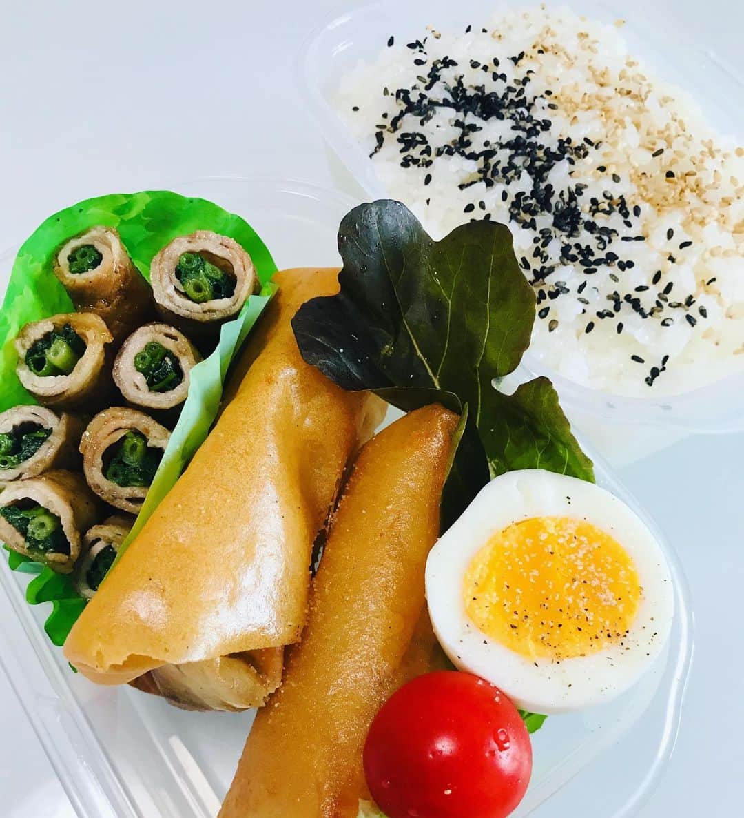 吉岡美穂のインスタグラム：「洋風春巻き弁当  #中学生弁当  #中学生タッパー弁当 #春巻き #はるまき　 #春巻き弁当 #おネギの肉巻き #洋風春巻きの中身は豚肉、玉ねぎ、人参のバター炒め＋チーズ^ ^ ＃良い一日を…」