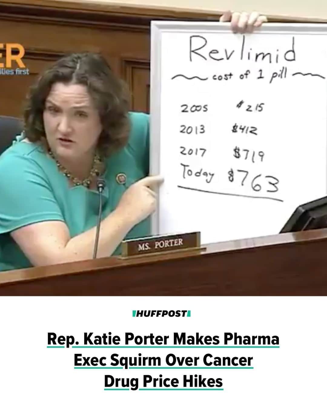 Huffington Postさんのインスタグラム写真 - (Huffington PostInstagram)「Rep. Katie Porter (D-Calif.) and her trusty whiteboard are at it again.⁠ ⁠ The lawmaker delivered one of her textbook takedowns during a House Committee on Oversight and Reform hearing Wednesday with current and former executives of three major drug companies. The committee is investigating the high cost of prescription drugs in the U.S.⁠ ⁠ Porter began her grilling of Mark Alles, the CEO of Celgene until 2019, by asking about the company’s repeated price hikes of the cancer drug Revlimid. It now costs $763 per pill ― up from $215 in 2005. ⁠ ⁠ Alles explained that the drug was approved for new indications, but Porter stopped him to ask if that had changed the pill in any way.⁠ ⁠ “Did the drug start to work faster?” she asked. “Were there fewer side effects? How did you change the formula or production of Revlimid to justify this price increase?”⁠ ⁠ Alles said the manufacturing of the pill remained the same.⁠ ⁠ Porter then outlined how the average senior citizen in her district could not even afford one pill.⁠ ⁠ Next, she drew a new figure: $13 million ― referring to Alles’ salary as Celgene CEO in 2017.⁠ ⁠ “It’s 200 times the average American’s income and 360 times what the average senior gets on Social Security,” Porter said.⁠ ⁠ She then made some calculations about Alles’ bonus, which she reminded him was linked to the company’s yearly earnings.⁠ ⁠ “You personally received half a million dollars just by tripling the price of Revlimid,” she said. “So, to recap here, the drug didn’t get any better, the cancer patients didn’t get any better, you just got better at making money. You just refined your skills at price gouging.”⁠ ⁠ See the video at our link in bio. // 📝 @josieharvey // 📷 CSPAN/Katie Porter Twitter」10月2日 10時14分 - huffpost