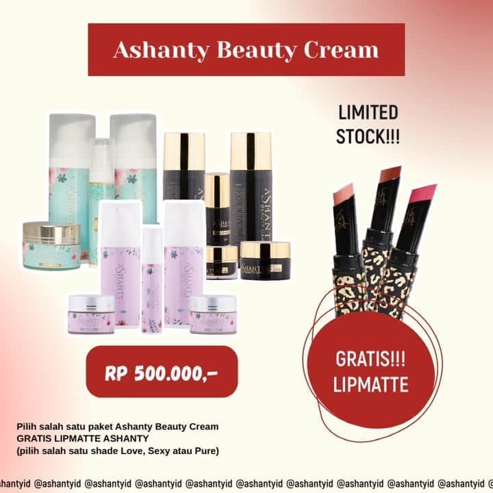 ASHANTY BEAUTY CREAM OFFICIALのインスタグラム：「ASHANTY BEAUTY CREAM SPECIAL PROMO 10.10 🎉🎉🎉  Hallo Ladies, di bulan Oktober yang ceria ini Ashanty Beauty Cream kasih yang special buat kamu, Setiap pembelian  Ashanty Beauty Cream (pilih salah satu series Whitening, Acne atau Anti aging) hanya Rp 500.000,- dan dapatkan FREE LIPMATTE ASHANTY (pilih salah satu shade Love, Sexy, Pure) senilai Rp 89.000,- 🤩🤩🤩  Superrrrr hemaaat!!!! Buruan yuuk pesan sekarang juga sebelum kehabisann !!! Stock sangat terbatas yaaaa, periode promo 02 - 10 Oktober 2020 😍  _____________________________ Informasi dan pemesanan  Ashanty Beauty Cream Chat Via WA : WA: 081293823950 WA: 081287388885 WA: 085781140354 WA: 087778489900 ⚡️ Fast Respons Click Link On Bio Instagram @ashantyid ❣️ ______________________________ #ashantybeautycream #creamashanty #skincareashanty #skincare #skincareartis #skincarelokal #creamwajah #creamperawatanwajah #obatjerawat #jerawat #kosmetik #krimwajah #creamwajah #whiteningcream #ashantyid #ashanty」