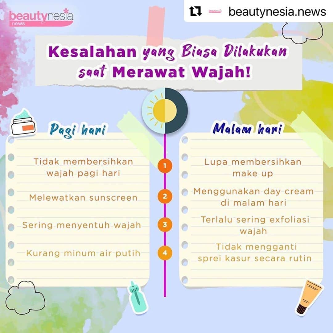のインスタグラム：「Hayooo hayooo ngakuuu siapa sering melakukan daftar kesalahan seperti di atas? Agar kulit kamu tetap sehat dan terawat pastikan kamu gak lagi mengulangi kesalahan tersebut, ya! ⁣ ⁣ Coba mention temen kamu nih yang sering ngelakuin kesalahan ini. Yuk mari kita sama sama saling mengingatkan demi wajah yang lebih glowing ✨☺️! ⁣ ⁣ #BeautyNesiaNews #Makeup #Powder #BeautyTips #TipsCantik #TipsKecantikan #SkincareRoutine #NightSkincareRoutine #MorningSkincareRoutine #Glowing2020⁣」