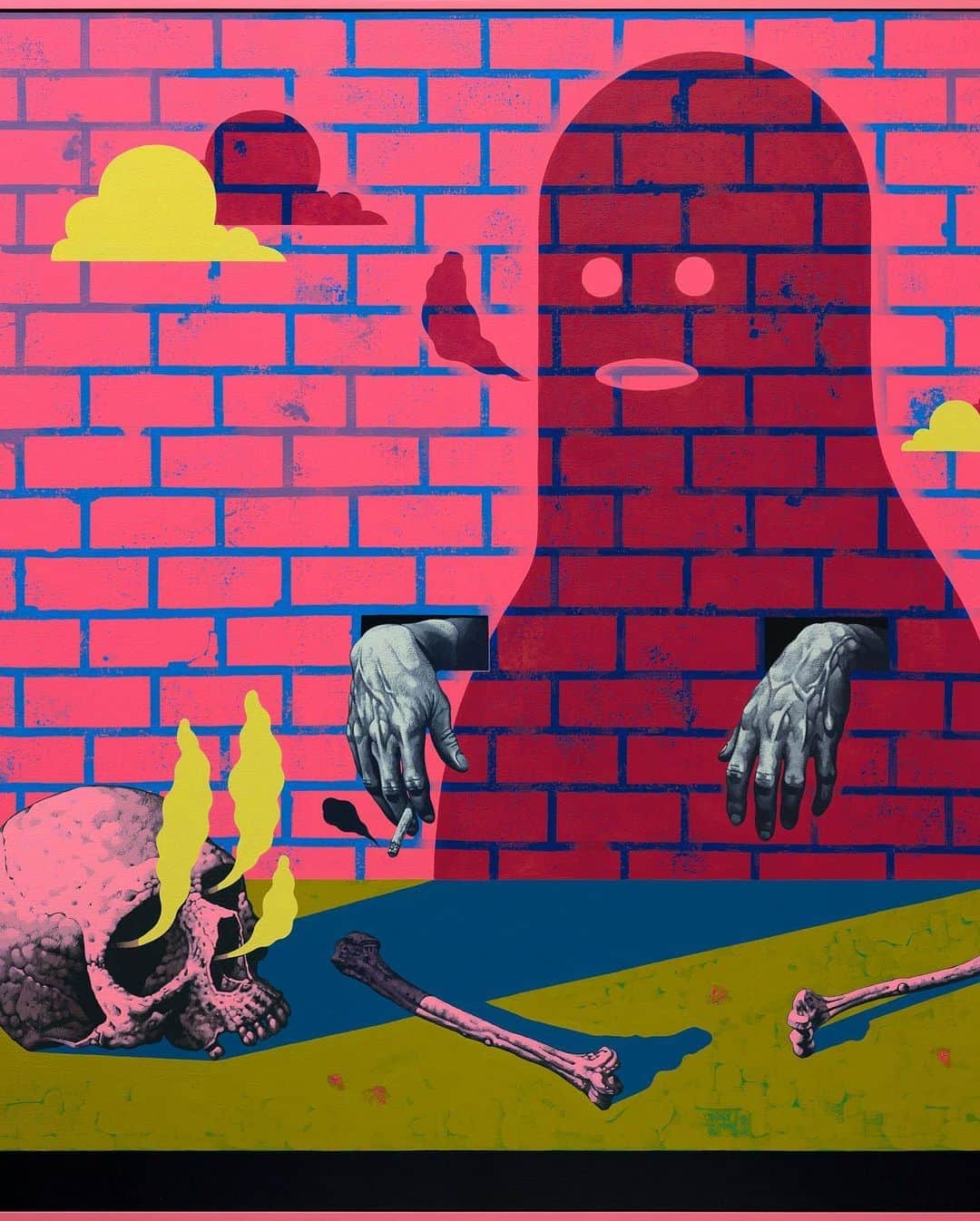 Juxtapoz Magazineさんのインスタグラム写真 - (Juxtapoz MagazineInstagram)「“The motif presented itself while I was scheming on ideas in response to the social distancing guidelines imposed on us and what could possibly represent confinement or human-built separation dividers. I wanted the wall to embody the vibe of a confined environment, but also represent solid barriers that the figures were either hiding behind, trapped behind, or trying to break through. It also occurred to me that the brick wall was a great replacement for the patterning usually found in my work.” — @reederone on his new show, “Brick & Mortar” with @hashimotocontemporary • Full interview on our site now  “Brick & Mortar” opens virtually Saturday, October 3rd at 2pm Pacific with an Instagram live walk- through on Hashimoto’s account with #MichaelReeder」10月2日 11時50分 - juxtapozmag