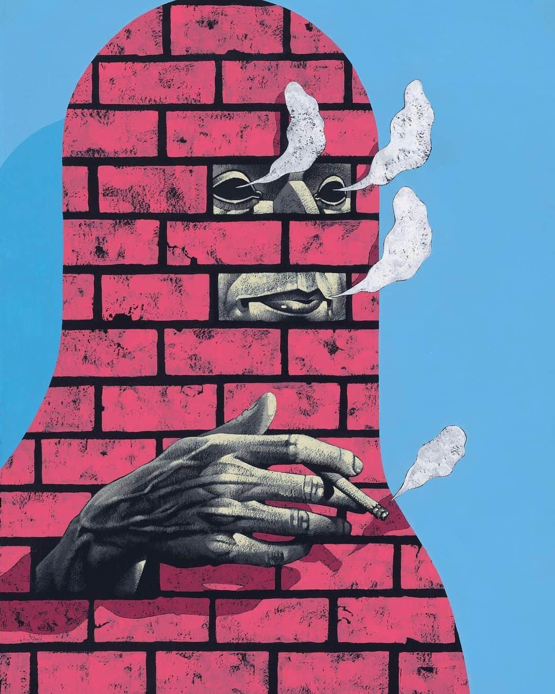 Juxtapoz Magazineさんのインスタグラム写真 - (Juxtapoz MagazineInstagram)「“The motif presented itself while I was scheming on ideas in response to the social distancing guidelines imposed on us and what could possibly represent confinement or human-built separation dividers. I wanted the wall to embody the vibe of a confined environment, but also represent solid barriers that the figures were either hiding behind, trapped behind, or trying to break through. It also occurred to me that the brick wall was a great replacement for the patterning usually found in my work.” — @reederone on his new show, “Brick & Mortar” with @hashimotocontemporary • Full interview on our site now  “Brick & Mortar” opens virtually Saturday, October 3rd at 2pm Pacific with an Instagram live walk- through on Hashimoto’s account with #MichaelReeder」10月2日 11時50分 - juxtapozmag