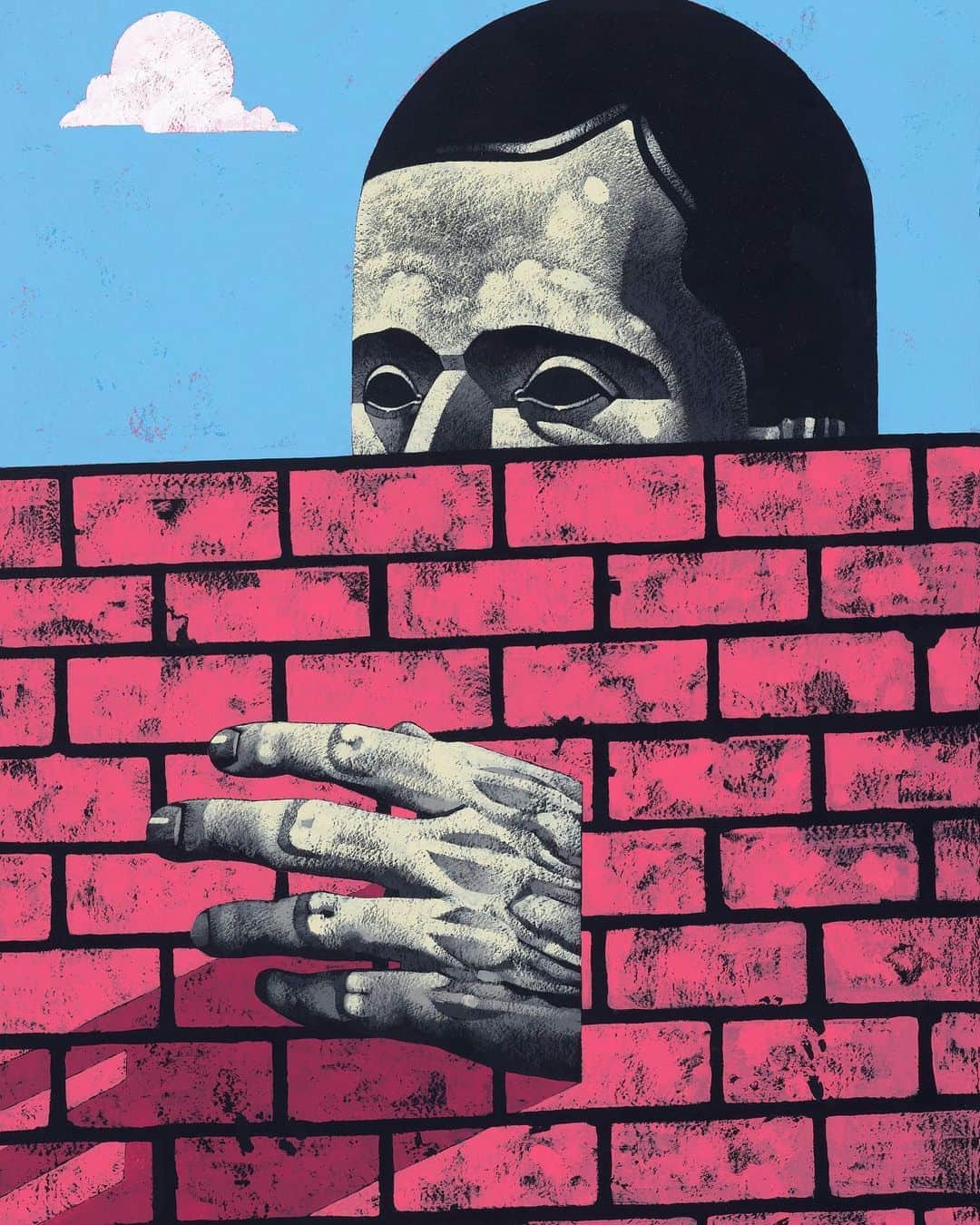 Juxtapoz Magazineさんのインスタグラム写真 - (Juxtapoz MagazineInstagram)「“The motif presented itself while I was scheming on ideas in response to the social distancing guidelines imposed on us and what could possibly represent confinement or human-built separation dividers. I wanted the wall to embody the vibe of a confined environment, but also represent solid barriers that the figures were either hiding behind, trapped behind, or trying to break through. It also occurred to me that the brick wall was a great replacement for the patterning usually found in my work.” — @reederone on his new show, “Brick & Mortar” with @hashimotocontemporary • Full interview on our site now  “Brick & Mortar” opens virtually Saturday, October 3rd at 2pm Pacific with an Instagram live walk- through on Hashimoto’s account with #MichaelReeder」10月2日 11時50分 - juxtapozmag