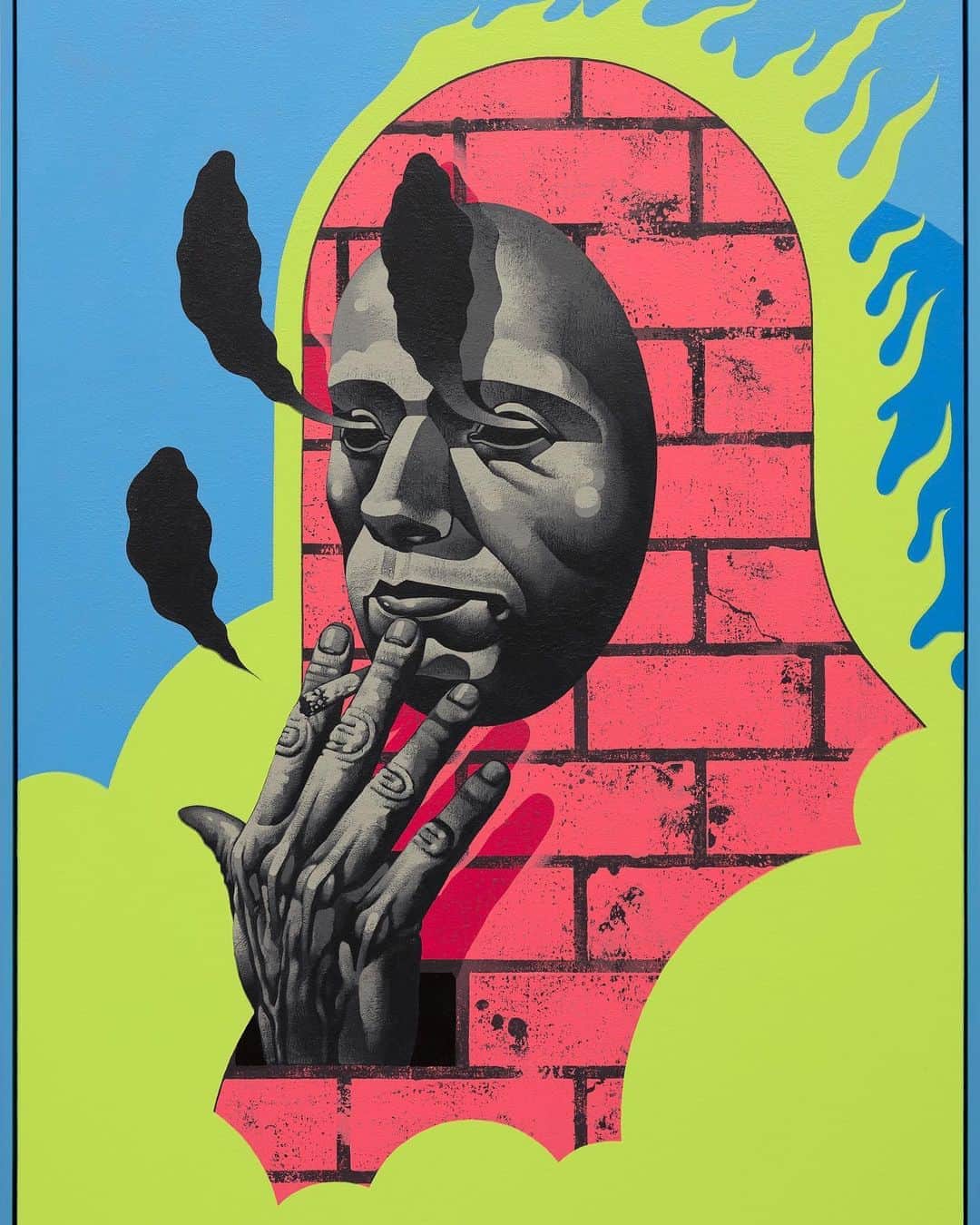 Juxtapoz Magazineさんのインスタグラム写真 - (Juxtapoz MagazineInstagram)「“The motif presented itself while I was scheming on ideas in response to the social distancing guidelines imposed on us and what could possibly represent confinement or human-built separation dividers. I wanted the wall to embody the vibe of a confined environment, but also represent solid barriers that the figures were either hiding behind, trapped behind, or trying to break through. It also occurred to me that the brick wall was a great replacement for the patterning usually found in my work.” — @reederone on his new show, “Brick & Mortar” with @hashimotocontemporary • Full interview on our site now  “Brick & Mortar” opens virtually Saturday, October 3rd at 2pm Pacific with an Instagram live walk- through on Hashimoto’s account with #MichaelReeder」10月2日 11時50分 - juxtapozmag