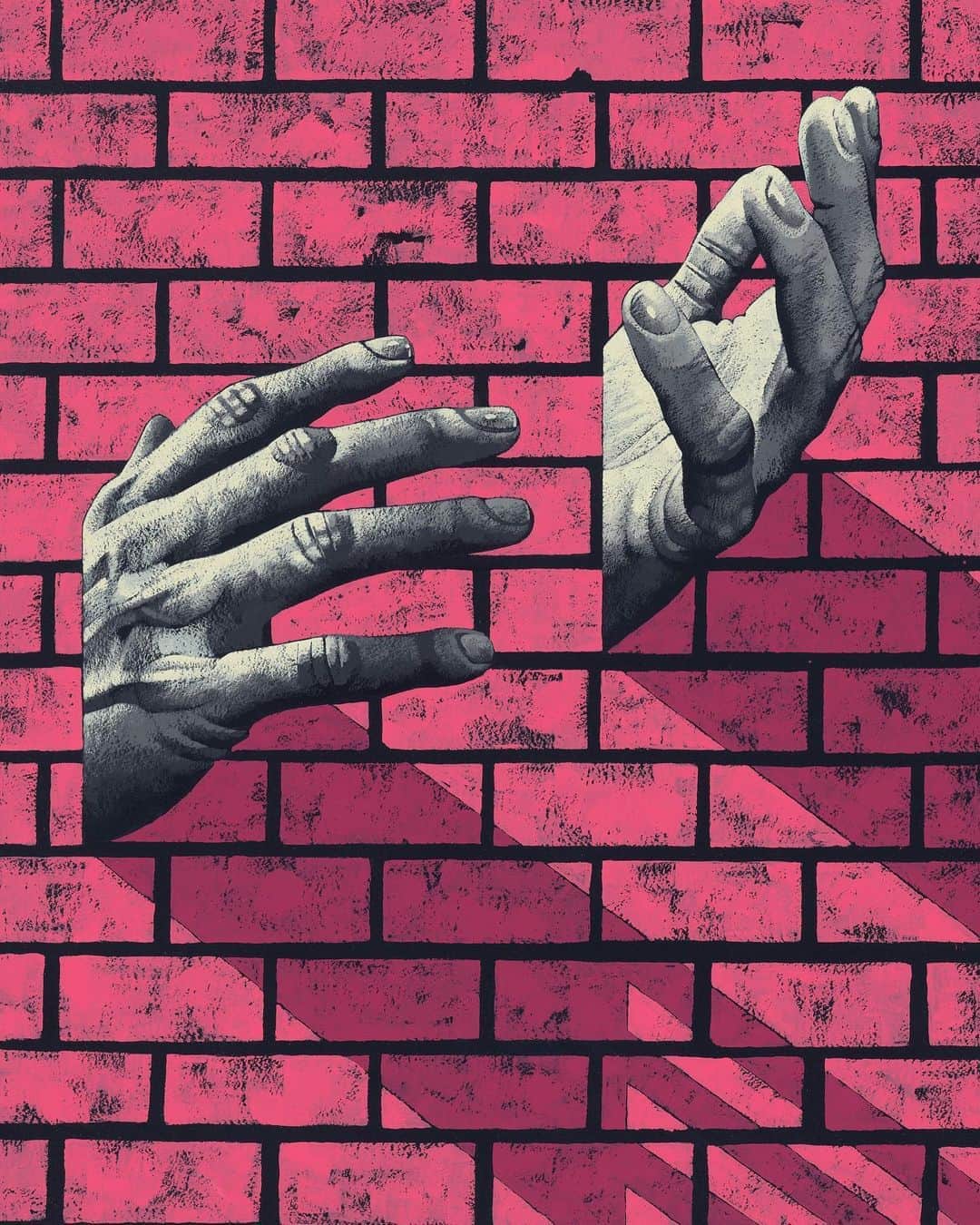 Juxtapoz Magazineさんのインスタグラム写真 - (Juxtapoz MagazineInstagram)「“The motif presented itself while I was scheming on ideas in response to the social distancing guidelines imposed on us and what could possibly represent confinement or human-built separation dividers. I wanted the wall to embody the vibe of a confined environment, but also represent solid barriers that the figures were either hiding behind, trapped behind, or trying to break through. It also occurred to me that the brick wall was a great replacement for the patterning usually found in my work.” — @reederone on his new show, “Brick & Mortar” with @hashimotocontemporary • Full interview on our site now  “Brick & Mortar” opens virtually Saturday, October 3rd at 2pm Pacific with an Instagram live walk- through on Hashimoto’s account with #MichaelReeder」10月2日 11時50分 - juxtapozmag