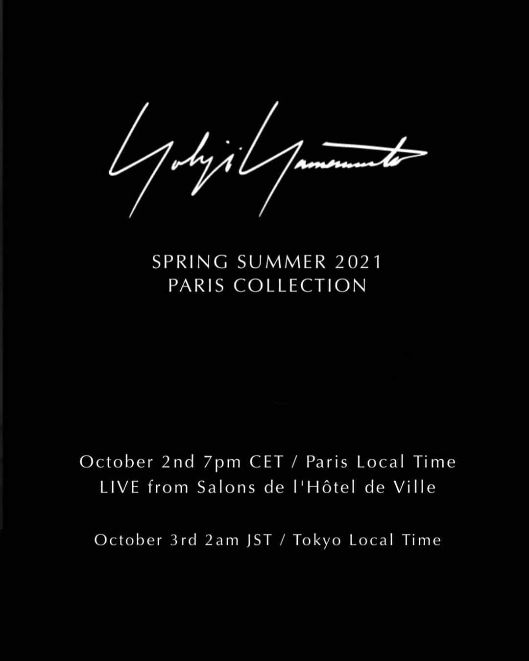 山本耀司さんのインスタグラム写真 - (山本耀司Instagram)「#PFW Tonight 7PM (Paris local time) ▪️ Watch in live stream the Yohji Yamamoto Spring/Summer 2021 collection ▪️   Link in bio   #YohjiYamamoto #SS21 @fhcm」10月2日 21時18分 - yohjiyamamotoofficial