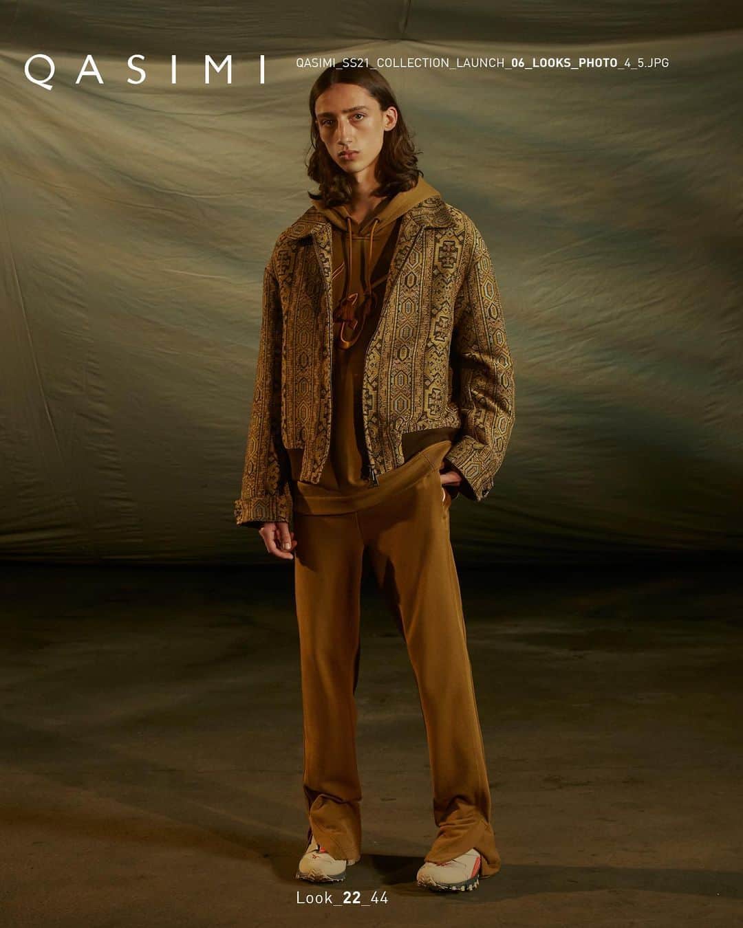 のインスタグラム：「Spring/Summer 2021 takes inspiration from Al Sadu, the weaving tradition of geometric patterns and symbols, hand-woven by the Bedouin people seen here on our bomber Azzam and styled with a fleece hoodie and track pants.  #ss21 #qasimiss21 #menswear #womenswear」