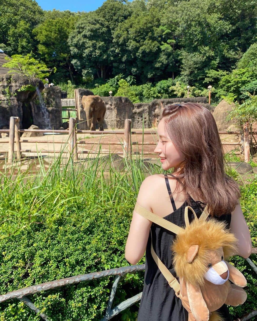 南りほのインスタグラム：「🐘さんとのツーショット📸だけど、カバンはライオン🦁」