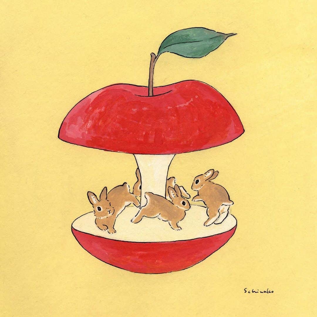 森山標子(しなこ)/Schinakoのインスタグラム：「Merry-apple-go-round🐇 メりんごーラウンド🍎 * #illustration#art#drawing#design#acrylicpaint#アクリル絵の具#rabbit#bunny#うさぎ」