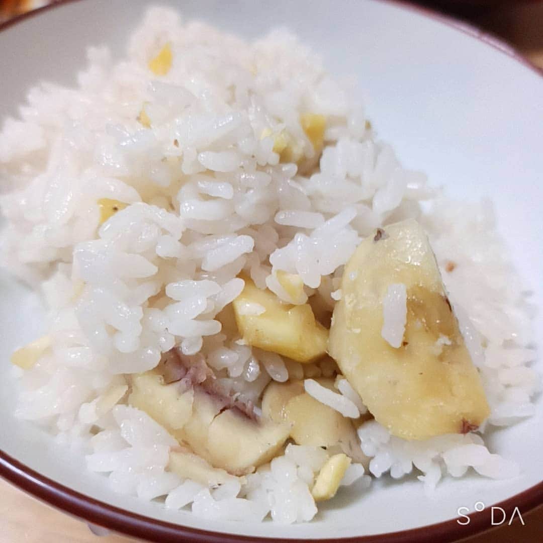 松本隆博のインスタグラム：「。 松山の大街道で買った栗。 オカンが早速栗ご飯に！ …いやー美味い秋の味覚🍁  秋の日に… 秋子が作った… 秋味覚…  (˙◁˙)  松本山頭火」