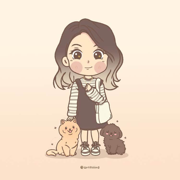 ローレン・ヤングのインスタグラム：「Was browsing facebook and chanced upon @arthiiird ✨   I messaged yesterday to see if I could get a family portrait of Melo, Yogi and I and here is the finished piece.   Perfect timing too- because we’re celebrating Yogis 8th birthday tomorrow! Message him if you want to inquire. Super fast, easy to communicate and very talented 💖」