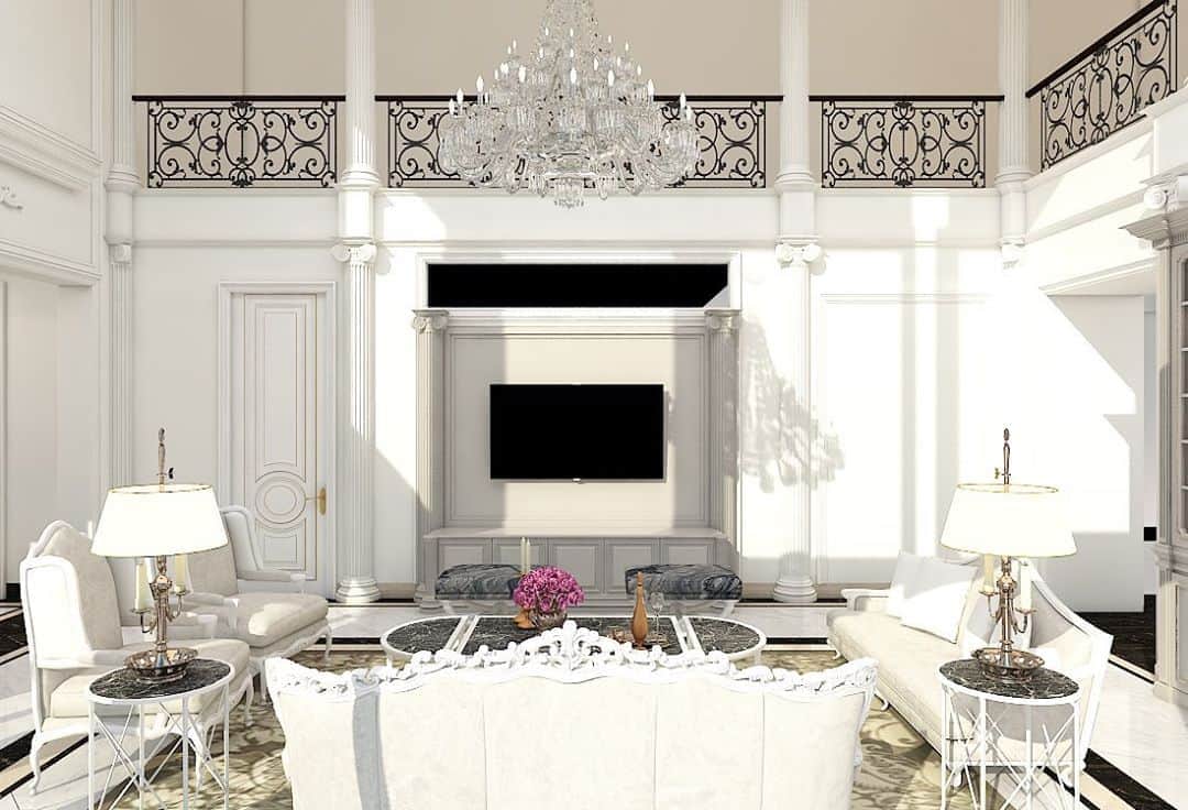 エミリー・ヴァンキャンプのインスタグラム：「A white palace in the Corinthian order reminisces the history of classical architecture. A baccarat chandelier showcases the meticulous finery of craftsmanship.   #archyhunts  #archtemystudio  #luxuryinteriors  #luxuryhome  #interiordesignstudio #jakartainteriordesign  #shanghai  #singapore  #hongkong  #taiwan  #london  #losangeles」