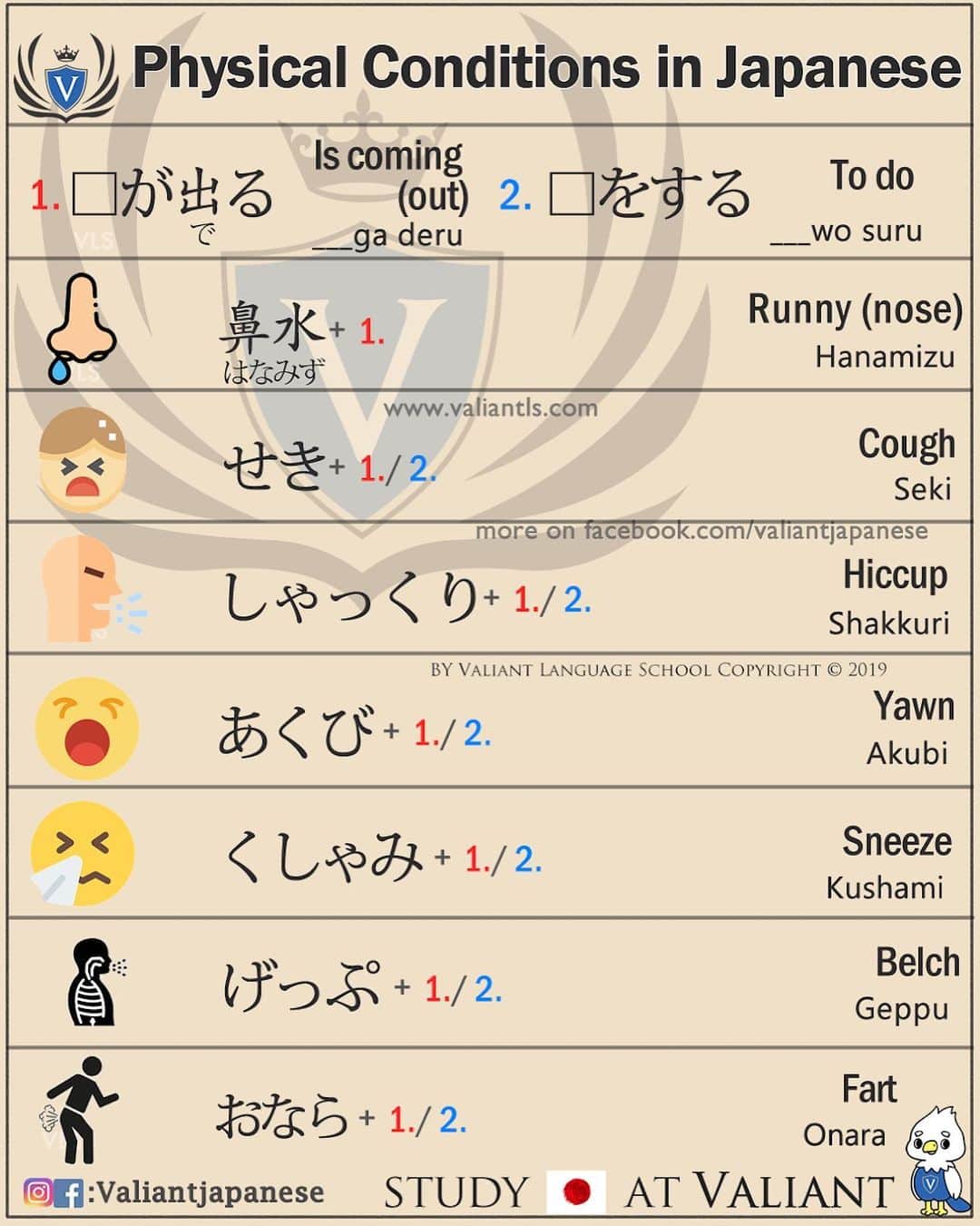 Valiant Language Schoolさんのインスタグラム写真 - (Valiant Language SchoolInstagram)「・ 🖌: @valiantjapanese ・ ⛩📓: Simple Japanese: Physical Conditions 🧬🚑✋🏻 . Let’s study Japanese with ValiantJapanese ! . . . . . . . . .  #japón #japonês #japaneselanguage #japones #tokio #japan_of_insta #japonais #roppongi #lovers_nippon #igersjp #ig_japan #japanesegirl #Shibuyacrossing #日本語 #漢字 #英語 #ilovejapan #도쿄 #六本木 #roppongi #日本  #japan_daytime_view  #일본 #Япония #hiragana #katakana #kanji #tokyofashion」10月2日 20時55分 - valiantjapanese