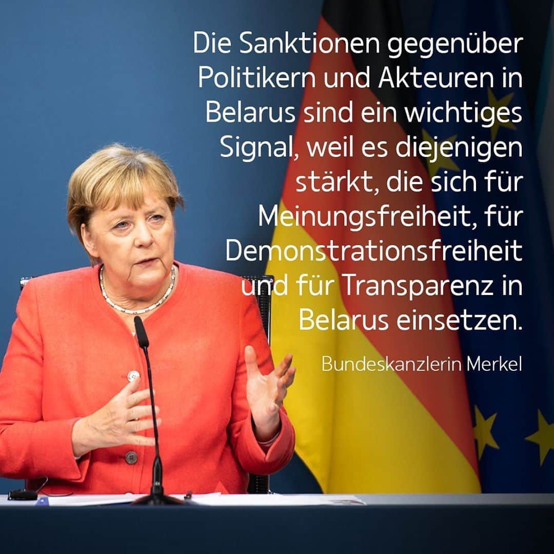 アンゲラ・メルケルのインスタグラム：「Der Europäische Rat fordert die belarussischen Behörden auf, Gewalt und Repression zu beenden, alle Inhaftierten und politischen Gefangenen freizulassen, die Freiheit der Medien und die Zivilgesellschaft zu achten und einen inklusiven nationalen Dialog einzuleiten. --- The European Council calls on the Belarusian authorities to end violence and repression, to release all detainees and political prisoners, to respect freedom of the media and civil society and to engage in an inclusive national dialogue. . . . #Belarus #Sanktionen #Kanzlerin #Merkel #EU2020de #EU #Europa #EUCO」