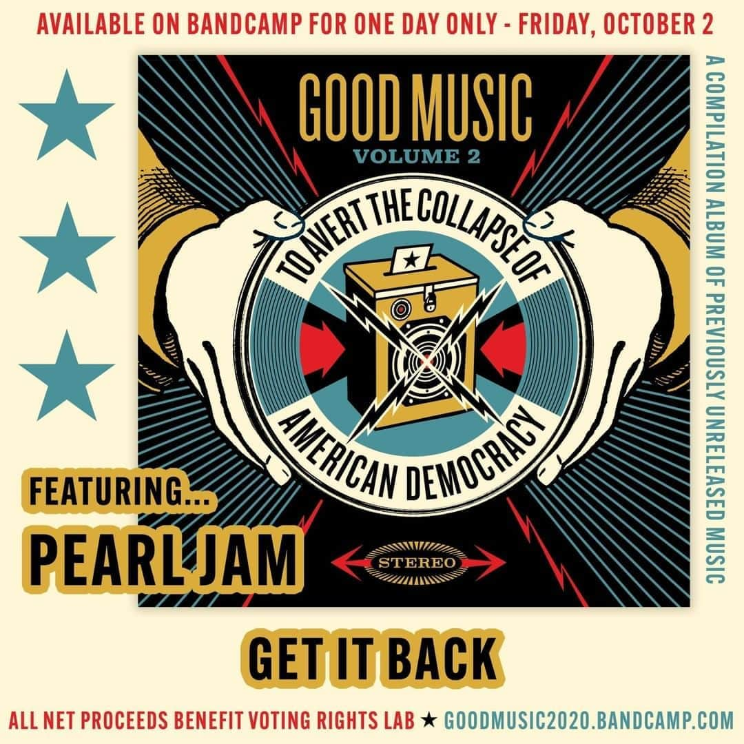 パール・ジャムさんのインスタグラム写真 - (パール・ジャムInstagram)「Good Music To Avert The Collapse Of American Democracy, Volume 2 is available today only on @bandcamp.   Listen to new Pearl Jam, @deafcharlie (Jeff Ament & John Wicks), Stone Gossard, and more. All net proceeds go to @votingrightslab to help to secure, protect, and defend the voting rights of all Americans in the upcoming 2020 election. The album is available until midnight PT. Link in bio and stories.」10月3日 0時33分 - pearljam