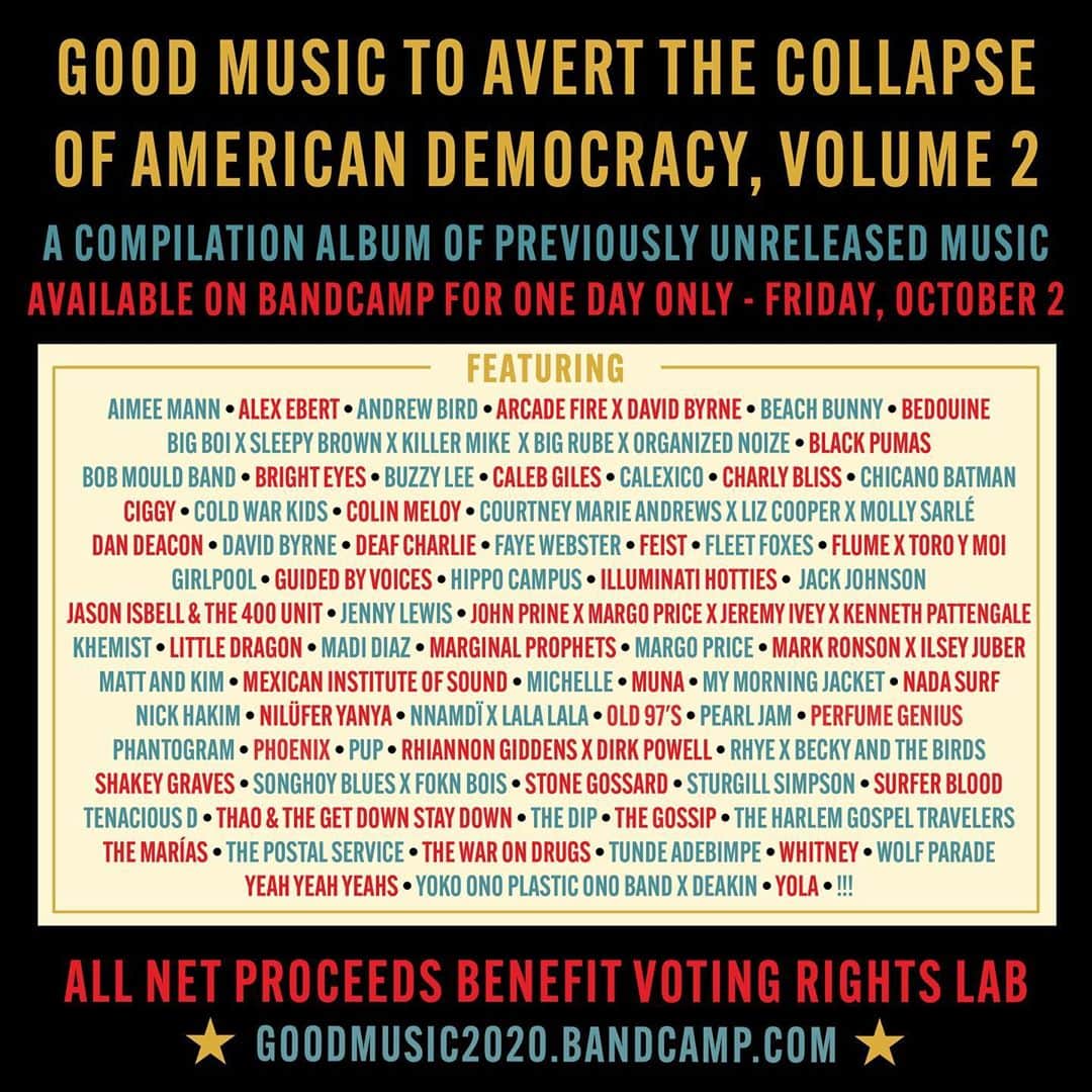 Shepard Faireyさんのインスタグラム写真 - (Shepard FaireyInstagram)「I’m excited to announce that ‘Good Music To Avert The Collapse Of American Democracy, Volume 2’ is available TODAY on @bandcamp, only for 24 hours! I’m honored to create the art for this compilation album which features so many incredible artists and their never before heard, unreleased tracks! All net proceeds go to @votingrightslab to help to secure, protect, and defend the voting rights of all Americans in the upcoming 2020 election. Visit the link in bio to support and check out the full tracklist. You have until midnight PT to support, don’t miss it!⁠⠀ -Shepard」10月3日 1時03分 - obeygiant