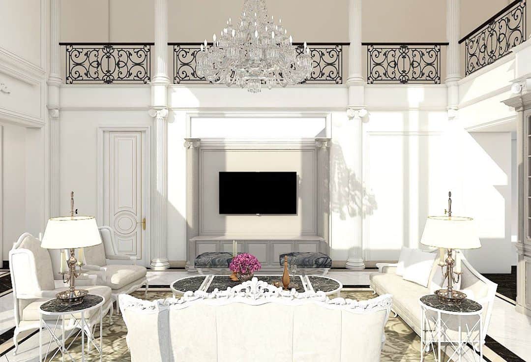 エミリー・ヴァンキャンプのインスタグラム：「A white palace in the Corinthian order reminisces the history of classical architecture. A baccarat chandelier showcases the meticulous finery of craftsmanship.   #archyhunts  #archtemystudio  #luxuryinteriors  #luxuryhome  #classicalarchitecture  #baccarat  #interiordesignstudio #jakartainteriordesign  #shanghai  #singapore  #hongkong  #taiwan  #london  #losangeles」