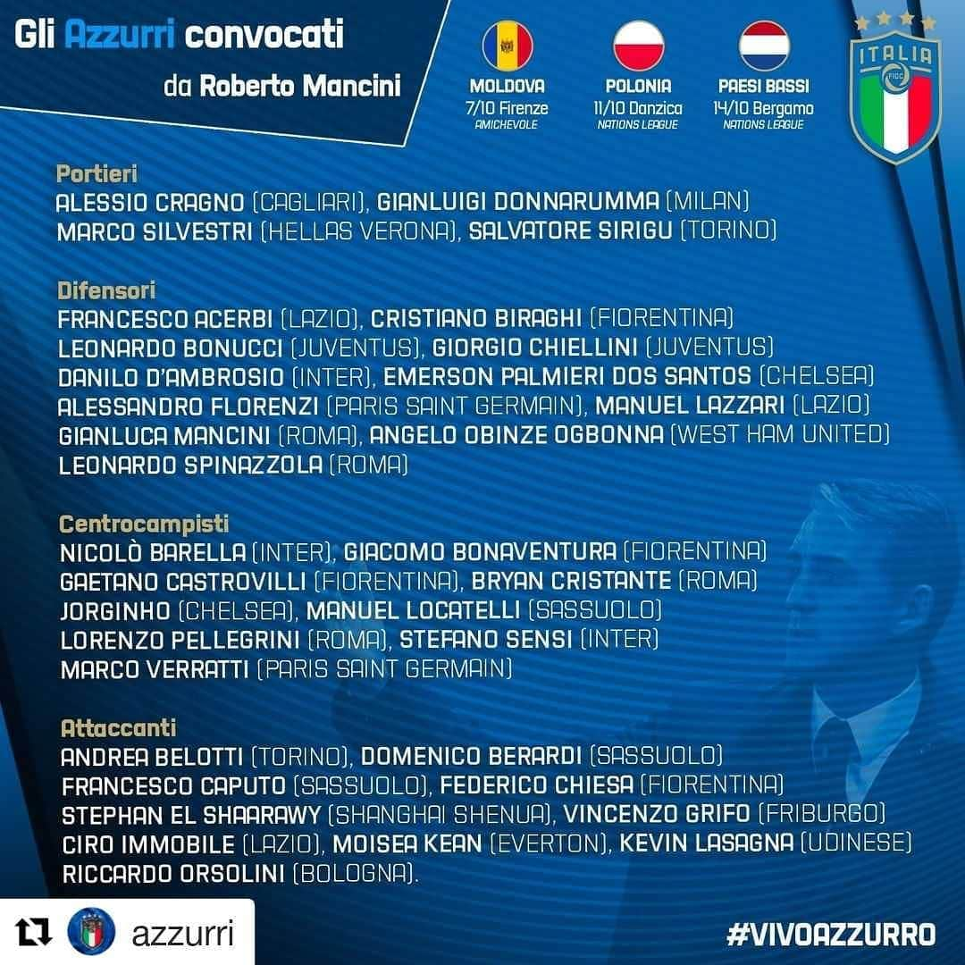 ロベルト・マンチーニのインスタグラム：「#Nazionale 🇮🇹 I convocati per le gare di ottobre contro #Moldova 🇲🇩, #Polonia 🇵🇱 e #PaesiBassi 🇳🇱.  La notizia 👉🏻 www.figc.it  #Azzurri #VivoAzzurro #Mancio」