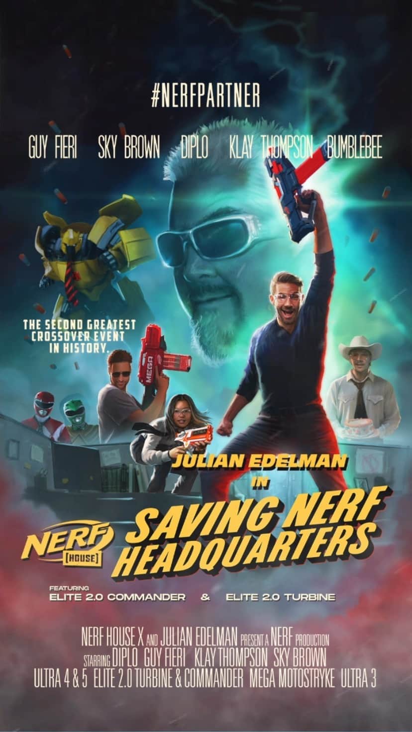 ジュリアン・エデルマンのインスタグラム：「Got a whole crew for this one, see ya next Friday 👀🎬 #NerfHouse #NerfAd 👊 @diplo @skybrown @guyfieri @klaythompson」
