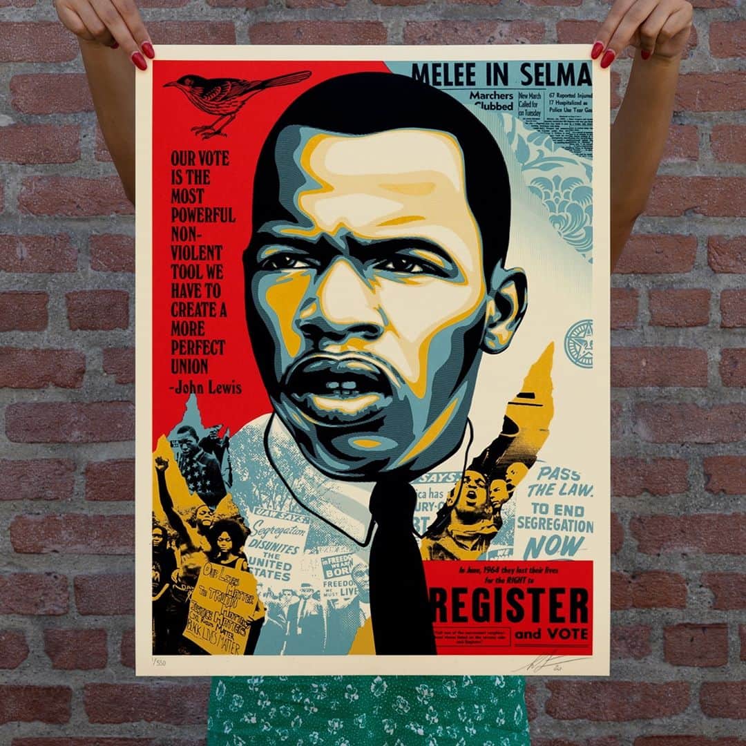 Shepard Faireyのインスタグラム：「JOHN LEWIS - GOOD TROUBLE AVAILABLE ON 10/6!  John Lewis is a hero of mine because of his civil rights activism and dedication to justice throughout his life's work, both in the streets and in politics. Rep. Lewis worked as a grassroots organizer and was beaten by police while marching for racial equality, but also campaigned, was elected to congress, and served as a lawmaker for 40 years. John Lewis is a role model for using what I call "the inside/outside strategy," which entailed working in whatever zone necessary, outside the system or inside, and using his powers as an organizer and communicator to make the nation better.  There is no better example of dedication to justice and civic engagement than Rep. John Lewis. With the election approaching and the rise of voter suppression strategies utilized by the Republicans, I felt an image of John Lewis reminding people that the hard-fought progress on voting rights and equality must be maintained vigilantly when threatened, would be an important message to send before Nov. 3. I also wanted to symbolically thank John Lewis for all his service to humanity.  When John Lewis made his cancer diagnosis public, my friend & photographer, Steve Schapiro, suggested that we collaborate to honor him. I was thrilled by that idea and wrote a letter to John Lewis proposing the image of him. He gave the project his blessing but sadly passed away shortly before the art was completed. I know he was a humble person, but I hope he'd be proud that his actions have given inspiration and fuel to me and millions of others. Thanks for the fire, John Lewis!  A portion of proceeds from this print will go to @fairfightaction. Thanks for caring, and don't forget to vote! -S  John Lewis - Good Trouble. 18 x 24 inches. Screen print on thick cream Speckletone paper. Original photo by Steve Schapiro. Signed by Shepard Fairey. Numbered edition of 550. $80. Proceeds go to Fair Fight. Available on Tuesday, October 6th @ 10 AM PDT at https://store.obeygiant.com/collections/prints. Max order: 1 per customer/household. International customers are responsible for import fees due upon delivery.⁣ Shipping may be delayed due to COVID19. ALL SALES FINAL.」