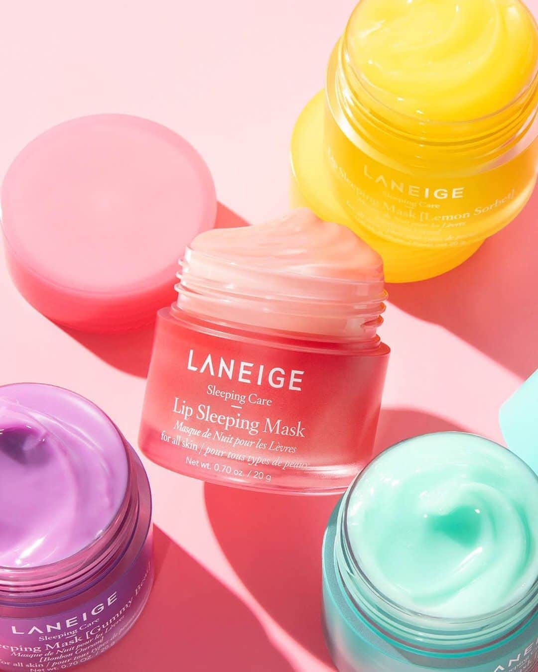 のインスタグラム：「If you love the iconic @laneige_us Lip Sleeping Mask 👄, you’ll adore their three new, limited-edition flavors that just dropped! Meet Gummy Bear 💜, Mint-Choco 💚, and Lemon Sorbet 💛—your must-haves for soft, supple lips ✨ Which flavor are you most excited to try?」