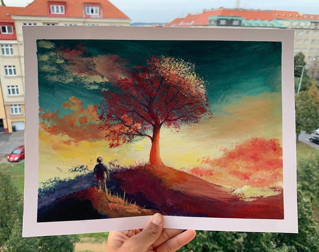 のインスタグラム：「Found my new meditation 🧘🏽🖌﻿ ﻿ Acrylic painting (アクリル絵の具) 楽しい！！！！ 身体と心を整える時間に◎◎﻿ ﻿ #acrylic#acrylicpainting#meditation#relax#sunset#stepbystep#アクリル絵の具#リラックス#秋#夕陽#秋の空 ﻿ ﻿ REFERENCE : By Tithi Luadothong ﻿ ( #theartsherpa ) ﻿」
