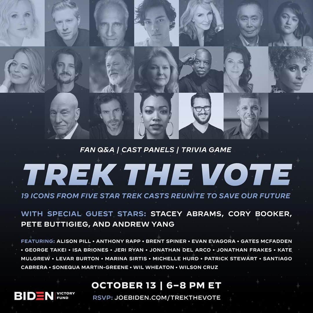 ジェリー・ライアンのインスタグラム：「Lay in a course for a grassroots fundraiser that’s out of this world. Join me, generations of Star Trek cast, and some pretty cool Trekkies - @StaceyAbrams, @CoryBooker, @AndrewYang and @Pete.Buttigieg - to support @JoeBiden and @KamalaHarris. It’s going to take all of us and we need you. Head to the link in my bio to sign up!」
