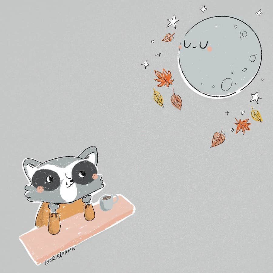 フリーディアのインスタグラム：「I found my weakness! #raccoons ! Or any animal other than a cat 😂 Oct 2nd prompt was #raccoon and I struggled! Here is my little guy gazing at the #harvestmoon Did you see the beautiful #fullmoon ?  Must practice animals.  For some reason I want to be good at drawing donkeys.  What are you not great at illustrating? * * 昨日のイラストはタヌキ(？)だったけど、初めて描いたからなんか上手くいかず。もっと動物を練習しなきゃね！ みんなは？イラストで苦手なものはありますか？ #moongazing #beautifulmoon #moon #inktober #peachtober20 @sup.peach  #friediamn #illustration」