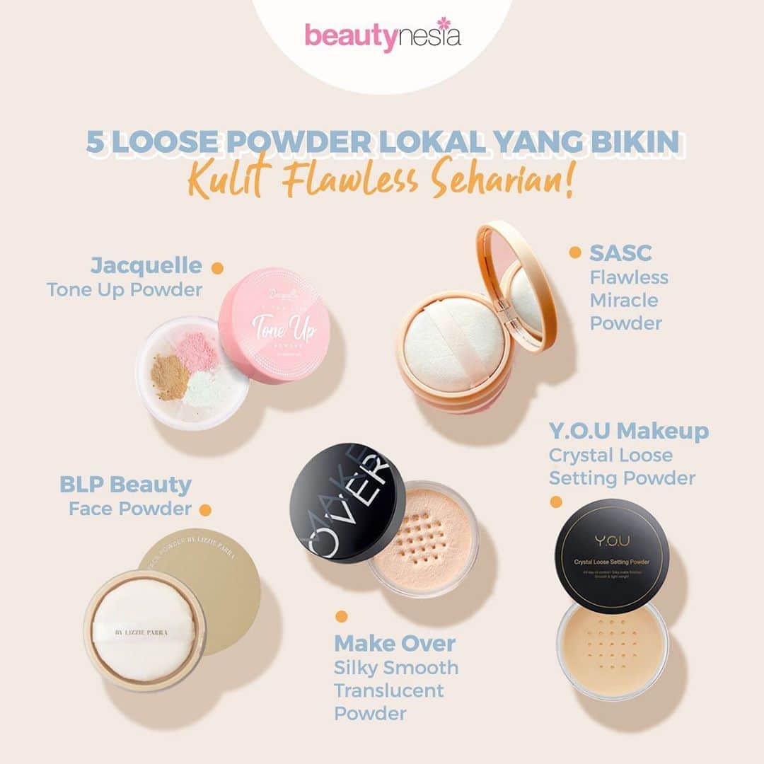 のインスタグラム：「Lagi cari loose powder untuk make up sehari hari tapi maunya yang lokal aja ? Gak usah khawatir! Pas banget nih Beautynesia mau kasih kamu rekomendasi Loose Powder  lokal dengan kualitas unggulan. Nah, deteran Loose Powder ini bisa jadi referensi kamu buat make up longlasting plus flawless di era new normal ini, dan bikin pori-pori jadi terlihat mulus 😍. ⁣ ⁣ ✨BLP Beauty Face Powder⁣ $ Rp 149.000⁣ ⁣ ✨Y.O.U Makeup Crystal Loose Setting Powder⁣ $ Rp 59.000⁣ ⁣ ✨Make Over Silky Smooth Translucent Powder⁣ $ Rp 120.000 ⁣ ⁣ ✨SASC Flawless Miracle Powder⁣ $ Rp 159.000⁣ ⁣ ✨Jacquelle Tone Up Powder⁣ $ Rp 119.000⁣ ⁣ Coba komen yuk diantara produk diatas mana yang kamu pengen banget nih ?⁣ ⁣ #BeautynesiaID #LoosePowder #BedakTabur #BedakTaburLokal #RekomendasiBeautynesia #MakeUpLokal #FlawlessMakeUp」
