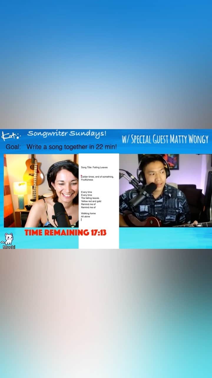 KATのインスタグラム：「Last week’s songwriter Sunday’s guest was @mattywongy and we had SUCH a blast writing this song “Falling leaves” on twitch in 22min!  This week’s guest is @cliffstallingsmusic 6pm Sun PST on twitch!  最近毎週日本時間月曜日朝１０時からトィッチでスペシャルゲストと一緒に２２分で曲を作ってます！　先週のセッションのビデオをここで少したげアップします！^_^」