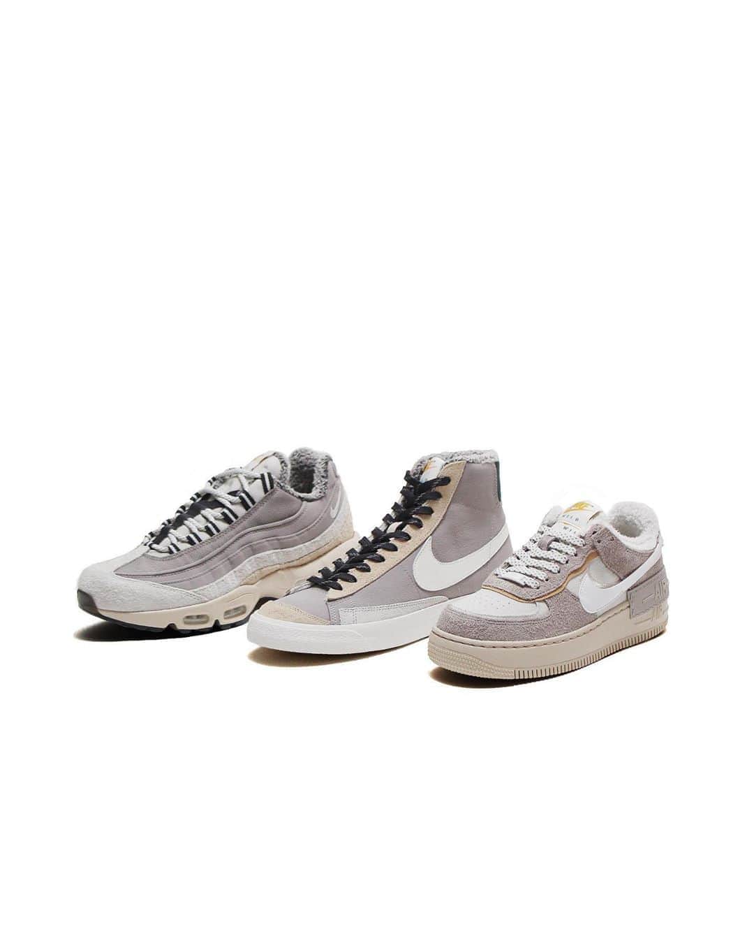 A+Sのインスタグラム：「in stock now  ■NIKE WMNS AF1 SHADOW COLOR : SAIL SIZE : 23.0cm - 25.0cm PRICE : ¥13,000 (+TAX)  ■NIKE BLAZER MID '77 VTG SE COLOR : SAIL SIZE : 26.0cm - 29.0cm PRICE : ¥12,000 (+TAX)  ■NIKE AIR MAX 95 SE COLOR : SAIL SIZE : 26.0cm - 29.0cm PRICE : ¥17,000 (+TAX)  都会にたたずむビル群や建築物からカラーインスピレーションを得て、冬の厳しいコンディションにおいても快適にワイルドに楽しく過ごすことをコンセプトにナイキ ワイルド コレクションとしてデビュー。カラーはコンクリートや団地の壁面に使われる様な、ベージュやライトグレーを基調とした淡いカラーでまとめ、厳しいコンディションに備えインナーにボアを用いています。シューレース、ヒールにはリフレクティブ素材を配置し、夜間でもアクティブに楽しめる様なデザインになっています。  Taking color inspiration from the buildings and buildings in the city, we made our debut as the Nike Wild Collection with the concept of being comfortable and wild even in the harsh winter conditions. The color is a light color based on beige and light gray, which is used for the walls of concrete and housing complex, and the bore is used for the inner in preparation for severe conditions. Reflective material is placed on the laces and heel, and it is designed so that you can enjoy it actively even at night.  #a_and_s #NIKE #NIKEAF1 #NIKEAF1SHADOW #NIKEAIR #NIKEAIRMAX #NIKEAIRMAX95 #NIKEBLAZERMID #NIKEFLYLEATHER #NIKEFLYLEATHERBLAZERMID #NIKEWILDCOLLECTION」