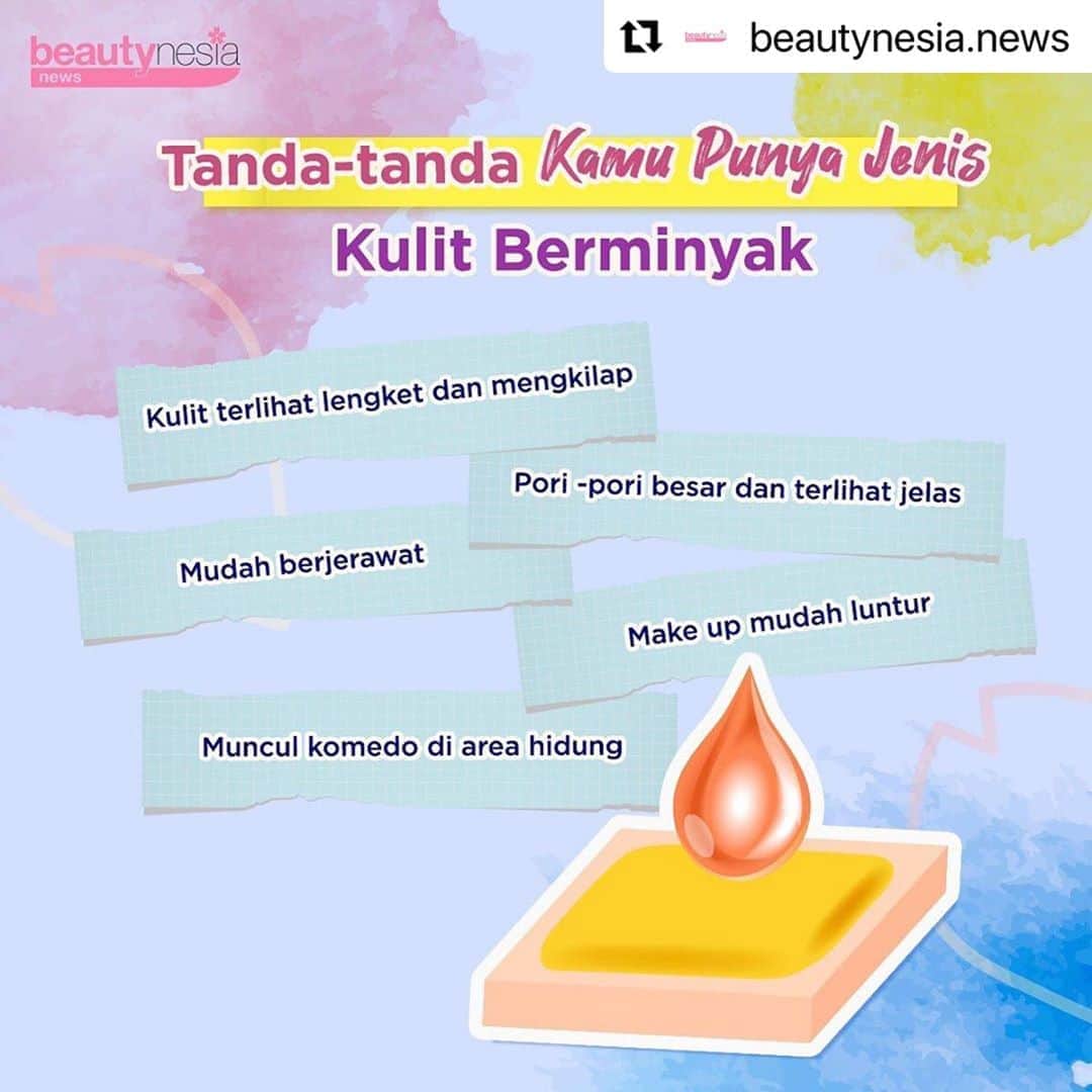 のインスタグラム：「Coba perhatiin lagi beb, kamu punya tanda tanda seperti ini ? Kalau iya berarti kamu memiliki jenis kulit berminyak. Untuk mengatasi kulit berminyak ada beberapa hal yang bisa kamu lakukan seperti, rutin mencuci muka 2x dalam sehari, dan jangan skip moisturizer serta sunsceen dengan kandungan yang sesuai dengan jenis kulit berminyak. Hindari juga menyentuh wajah , karena kebiasaan ini akan memicu munculnya jerawat.⁣ ⁣ Coba yuk absen siapa yang punya kulit berminyak dan share gimana tips kalian merawat  kulit kalian ?⁣ ⁣ #Beautynesianews #kulitberminyak #skincarerutin #skincareroutine #oilyskincare #skincarekulitberminyak #oilyskin #tipskecantikan #tipscantik #cantikalami⁣」