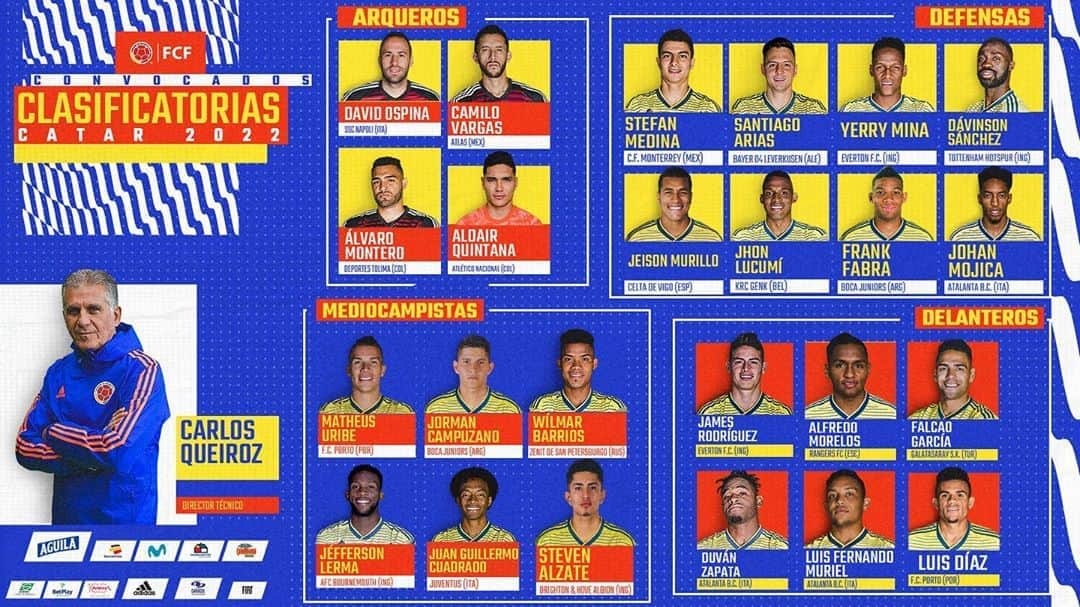 サッカー コロンビア代表チームのインスタグラム：「📝👉🏼 Novedades en la nómina de la Selección Colombia, @santiagoarias13 se suma al grupo de convocados para enfrentar a Venezuela y Chile por las Clasificatorias a la Copa Mundial de la FIFA Catar 2022 🇶🇦  #VamosColombia 🇨🇴」