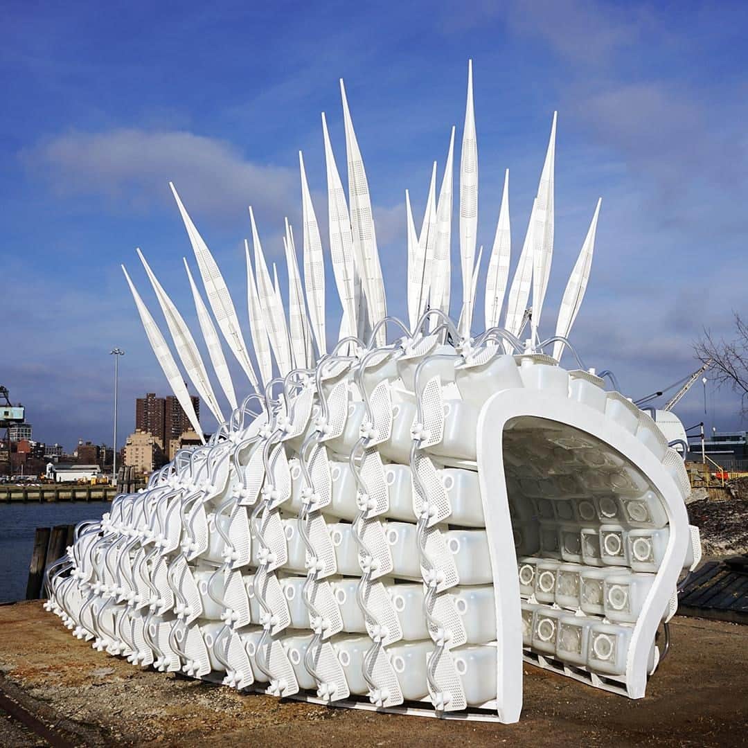 TED Talksのインスタグラム：「What is this? An art installation? Punk-rock igloo? Or something else? 🤔 This structure — built in Brooklyn, New York in 2016, by architect and @TEDFellow Mitchell Joachim — is *actually* a 🦗 farm! And it's meant to produce food for … well … us! Conventional livestock like cows, pigs and chickens require huge amounts of water, land, fertilizers and hormones, and they produce a lot of greenhouse gas. Insects like crickets, on the other hand, are a much more sustainable solution — and they can satisfy our protein needs. “We’ll be able to grow protein with less than 2% of the land we’d need for the same amount of protein from cows,” says Joachim. Visit the link in our bio to see more of his fascinating, climate change-resistant designs — like houses made of living tree branches, floating buses that pick up passengers with tentacles and more.⁠ ⁠ [Image: Courtesy of Mitchell Joachim / @terreform_1]」