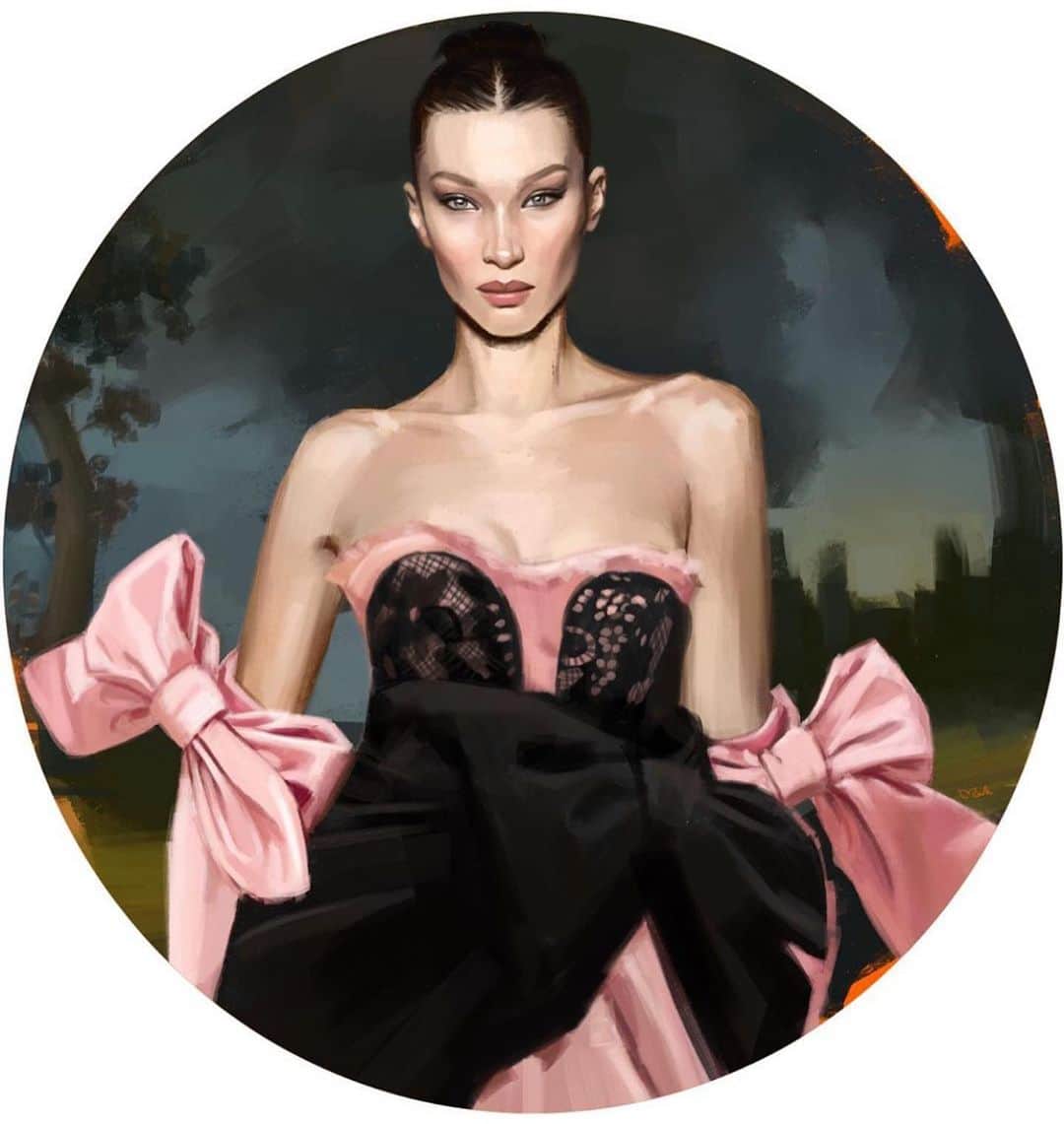 ジェレミー・スコットのインスタグラム：「L💓VE THIS BEAUTIFUL ILLUSTRATION OF MY @MOSCHINO DRESS ON @bellahadid FOR @showstudio & @nick_knight BY THE TALENTED HANDS OF @mahboubeh.absalan !」