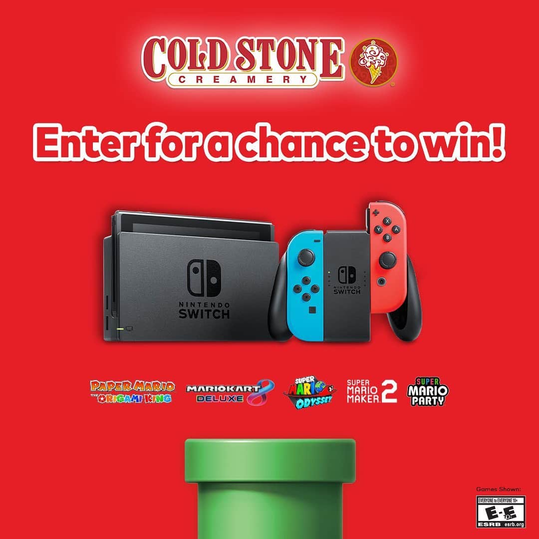 のインスタグラム：「Enter for a chance to win a Nintendo Switch Prize Pack! Cold Stone Creamery will be awarding over 100 winners with a Nintendo Switch system, downloadable codes for digital Nintendo Switch games and a Cold Stone Creamery Gift Card! Click link in bio to enter!  *Nintendo is not a sponsor, co-sponsor or administrator of this sweepstakes. Addt’l Terms & Conditions Apply.  Official Rules found here: ColdStoneCreamery.com/Nintendo」